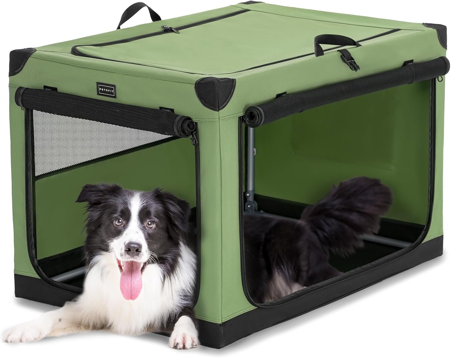 PETSFIT 36″ Soft Portable Dog Crate – Patented Spiral Sturdy Frame, Collapsible Travel Kennel for Medium & Large Dogs, 3 Mesh Door, Lockable Zippers, Indoor & Car Use Green