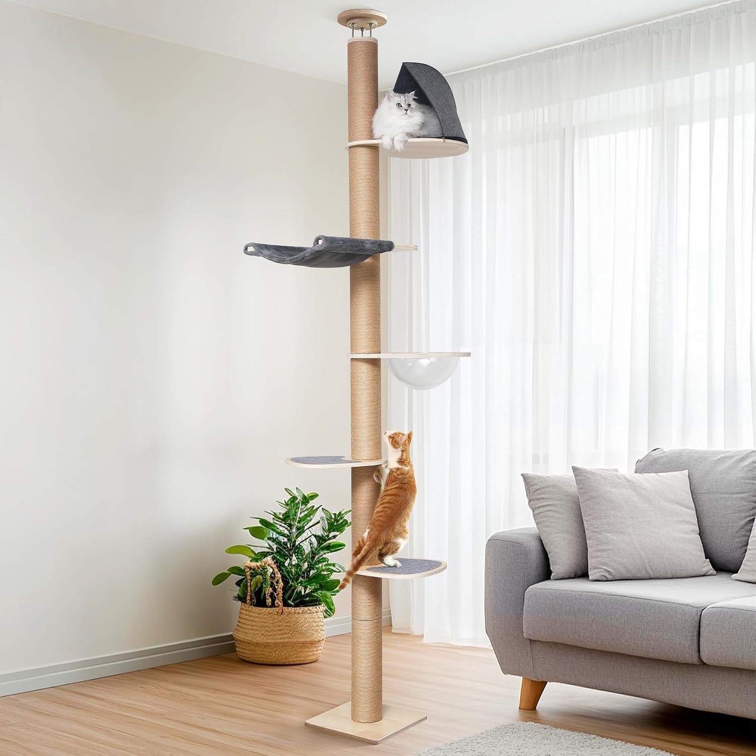 FUKUMARU Floor to Ceiling Cat Tree, 6-10 ft, 6 Level, Grey