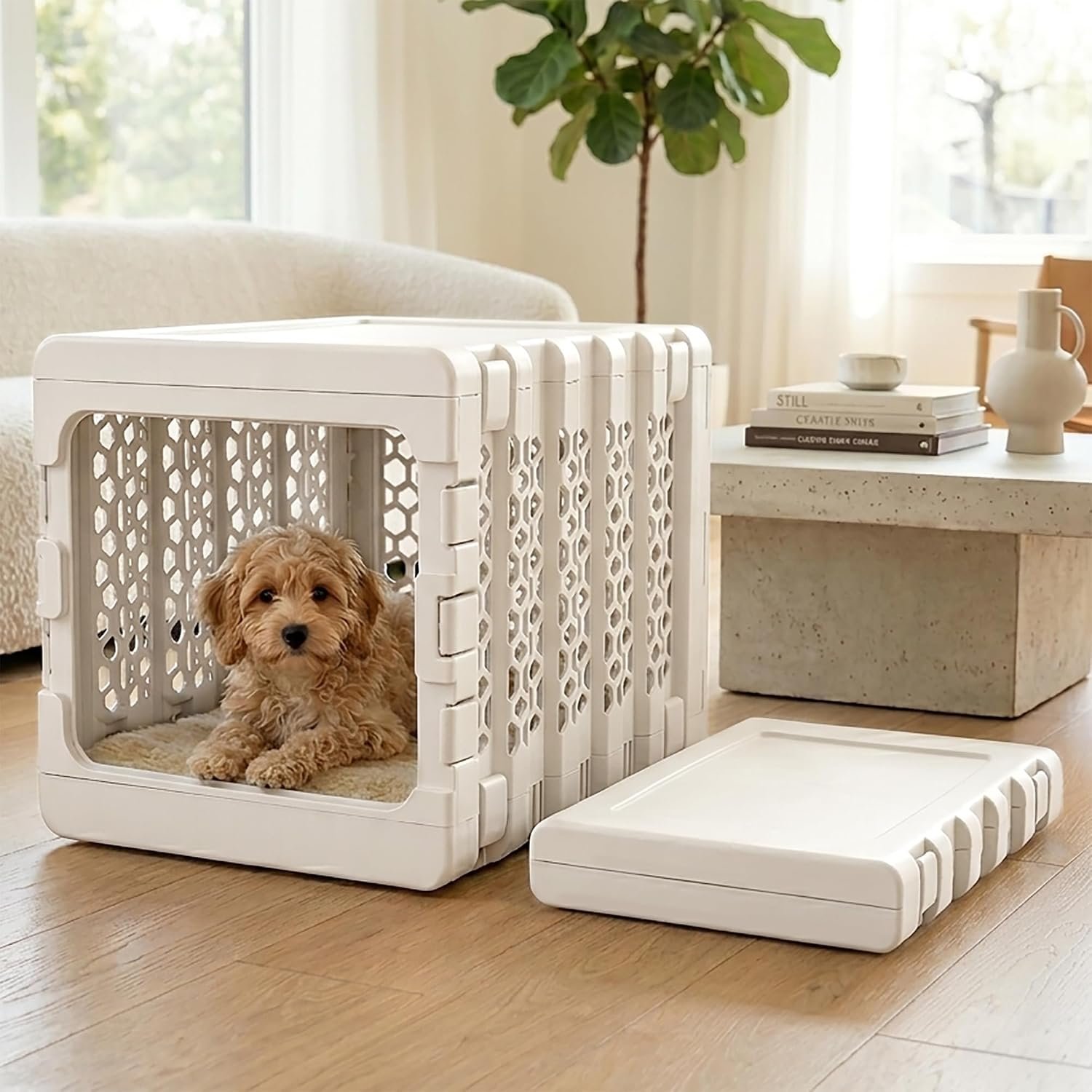 KindTail PAWD Collapsible Dog Crate, Portable Indoor Outdoor Kennel for Dogs 15–25 lbs, French Bulldog, Dachshund, Maltese, Pomeranian, Medium, 26″ L x 20″ W x 21″ H, 12 lbs, White