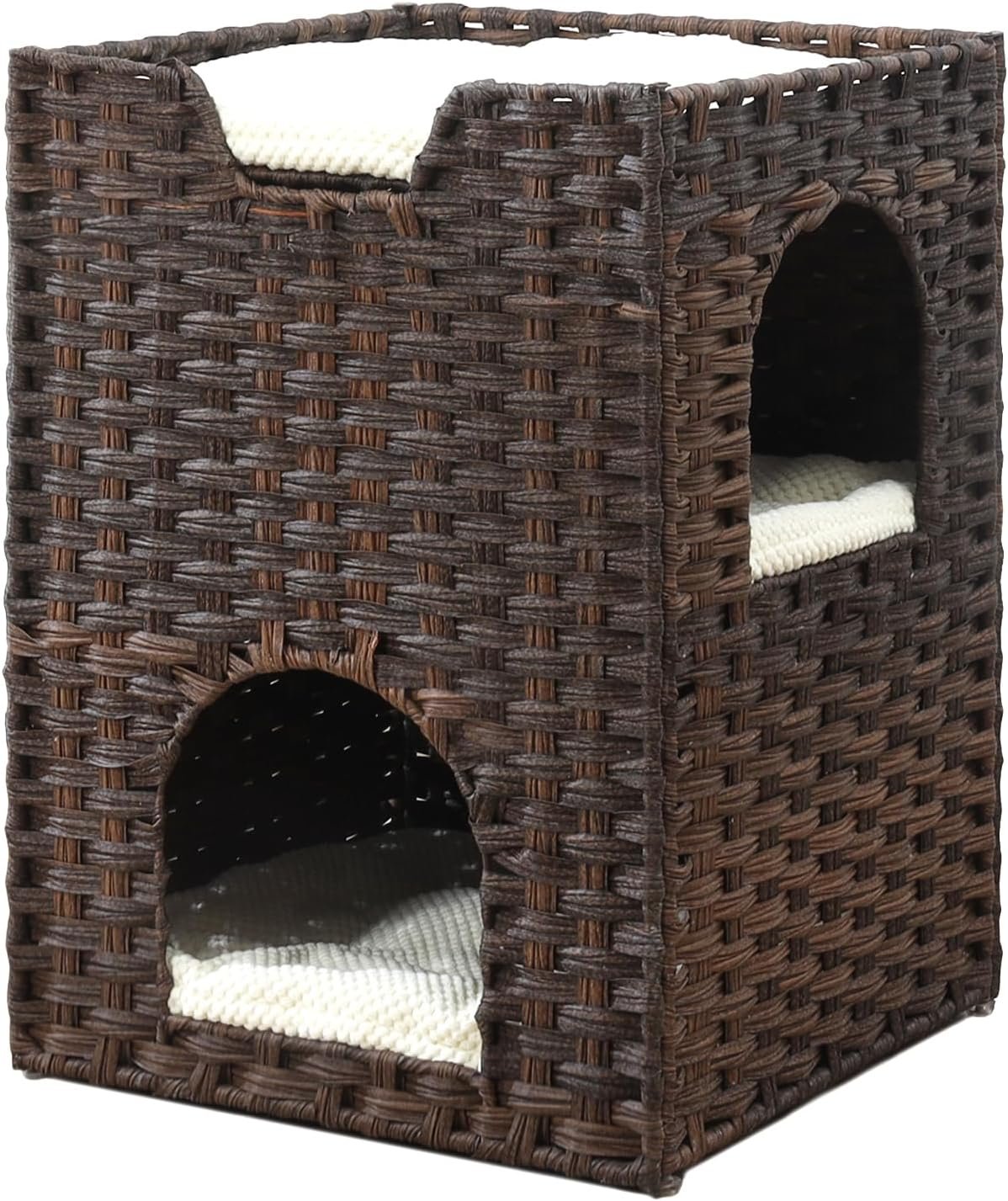 Cat Bed for Indoor Cats, a Stylish Cat Hideaway & Cat House – Handwoven Rattan Cat Cave Bed with Soft Cushion, Foldable Cat Cubes for Indoor Cats, Sturdy Cat Perch & Furniture Coffee Brown