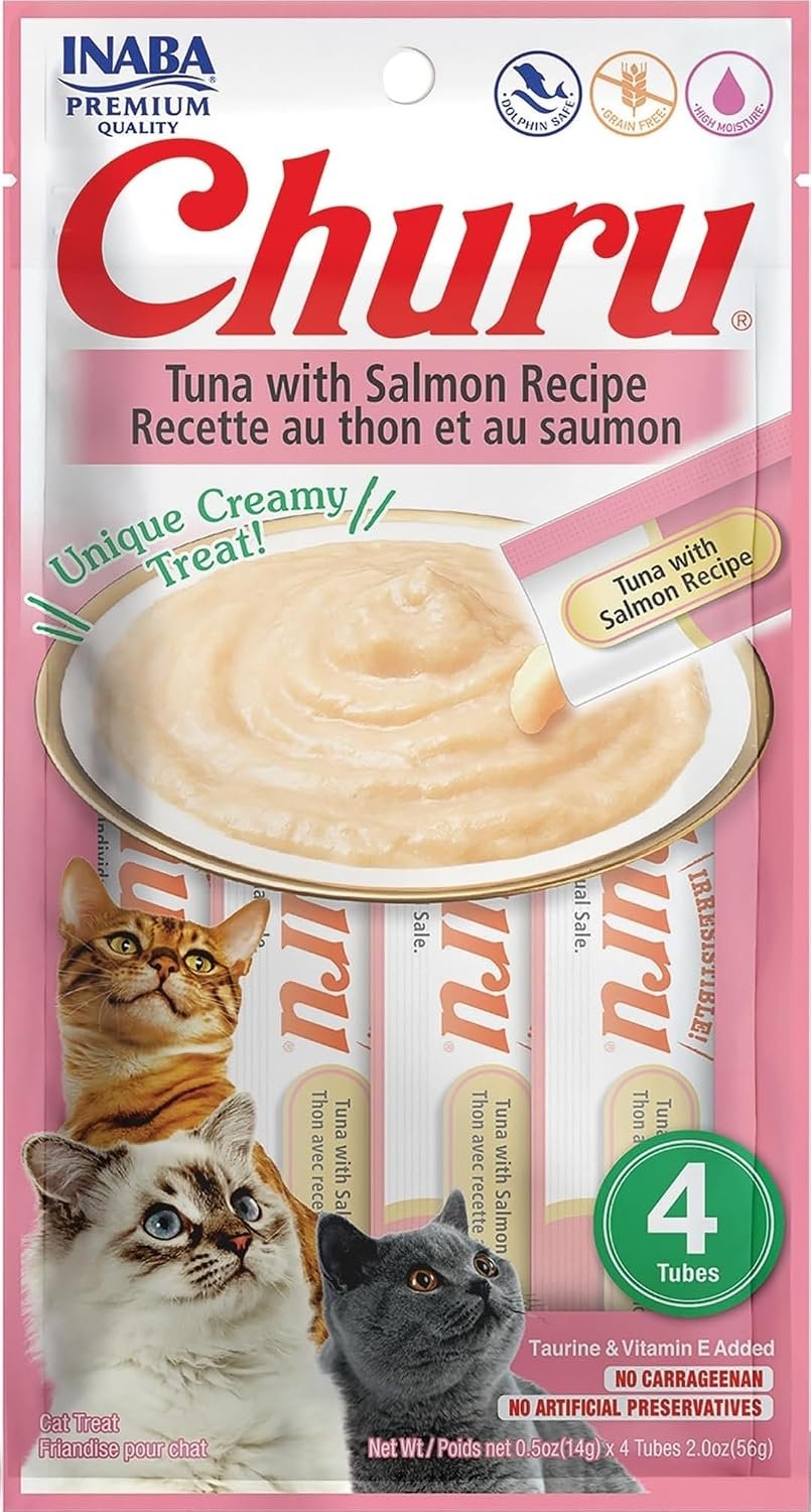 INABA Churu Cat Treats, Grain-Free, Lickable, Squeezable Creamy Purée Cat Treat/Topper with Vitamin E & Taurine, 0.5 Ounces Each Tube, 4 Tubes, Tuna with Salmon Recipe