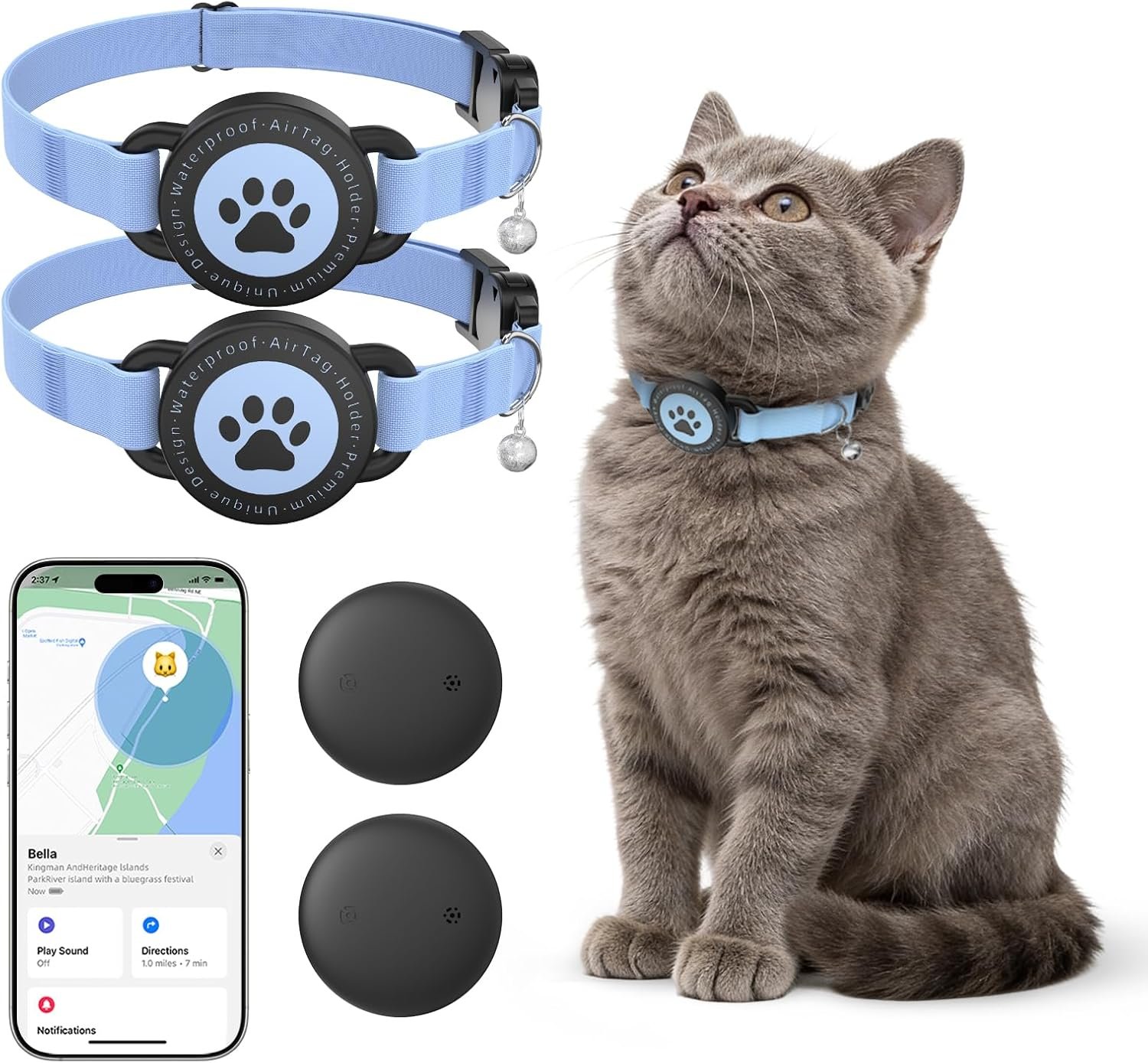 Cat GPS Tracking Collar (iOS & Android), Mini Bluetooth GPS Dog Tracker 2P