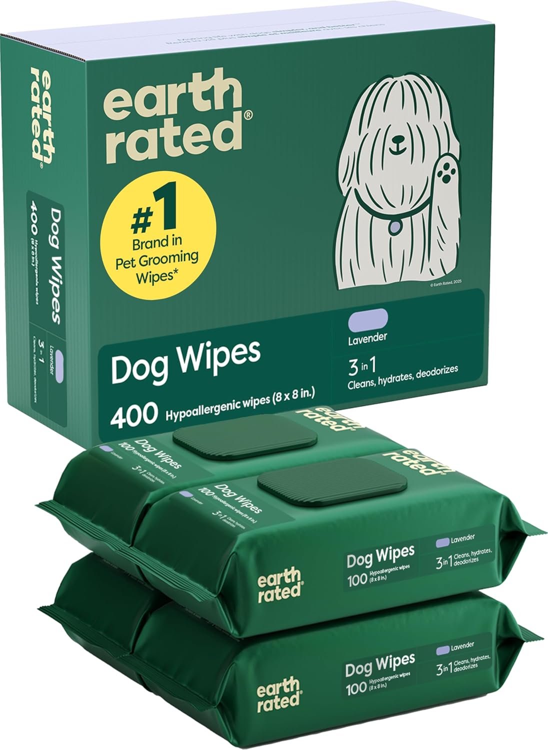 Earth Rated Dog Wipes for Paws & Butt, Deodorizing, Lavender, 400ct