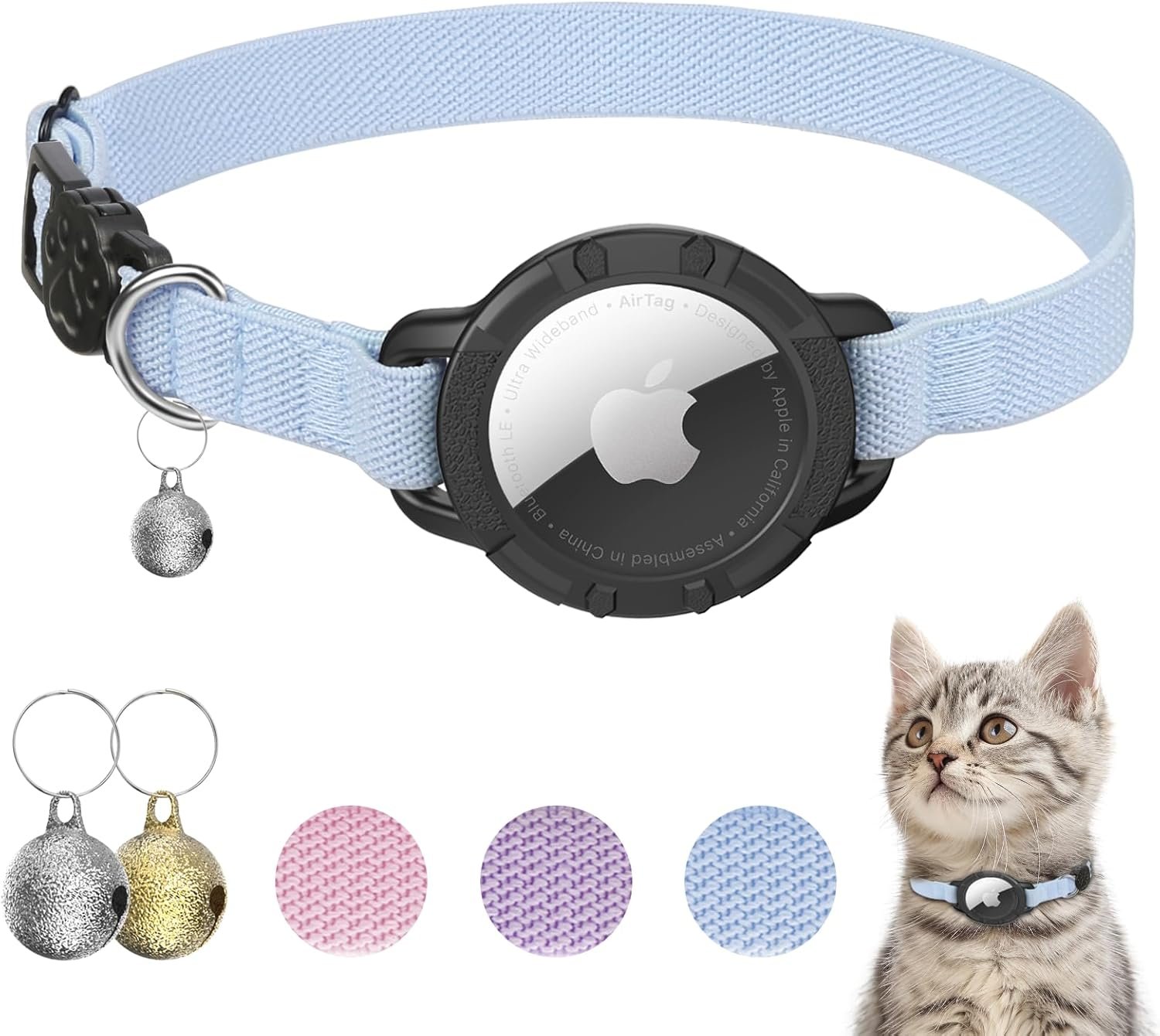 AirTag Cat Collars, Stretchy Collar with Air Tag Holder and Bell