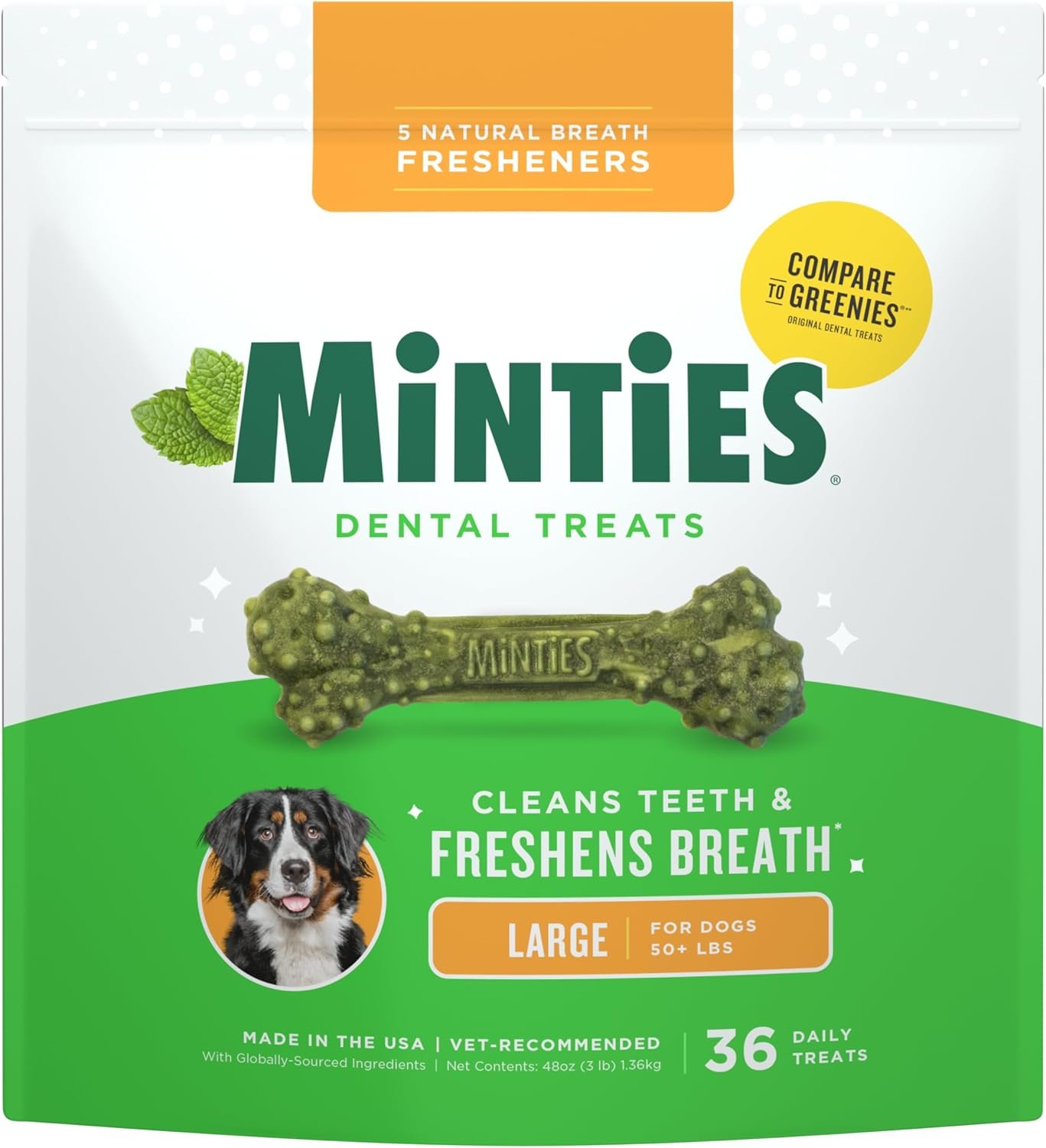 Minties Dental Chews for Dogs, 36 Count, Vet-Recommended Mint-Flavored Dog Treats for Large Breeds Over 50 lbs, Dental Bones Clean Teeth, Fight Bad Breath, Removes Plaque and Tartar | Vet-recommended mint dental bone; scrubs teeth as dogs chew; fights plaque, tartar & bad breath; no soy/wheat/corn