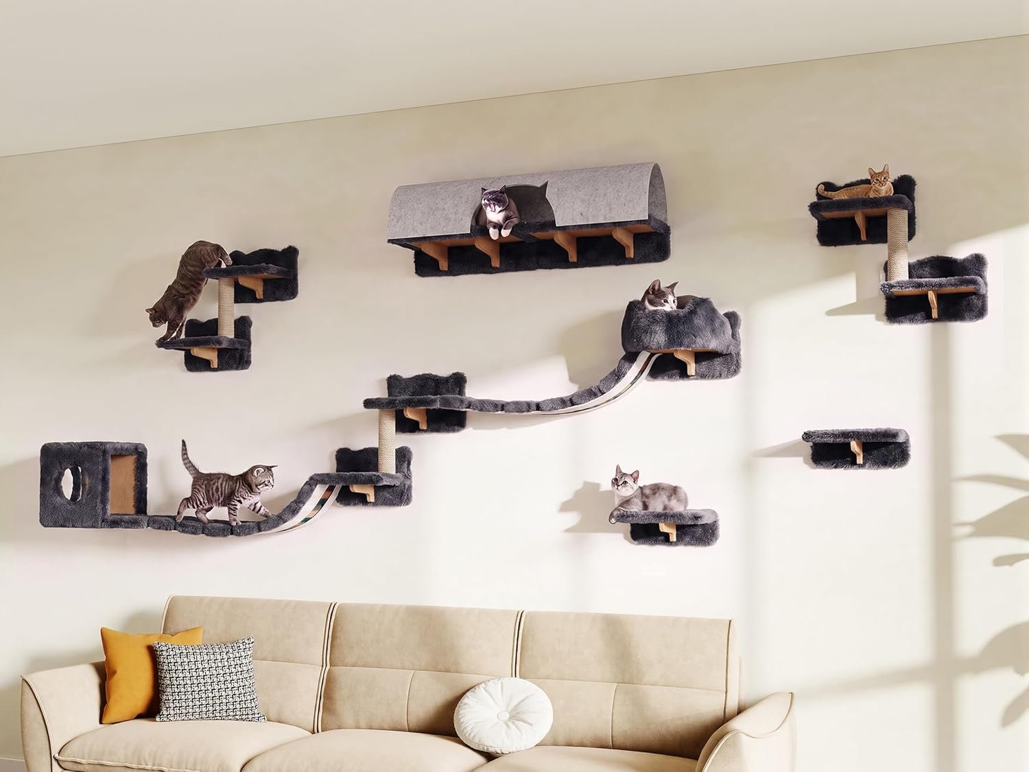 16-in-1 Cat Wall Shelves, Cat Furniture w/Tunnel & Bridge, Grey