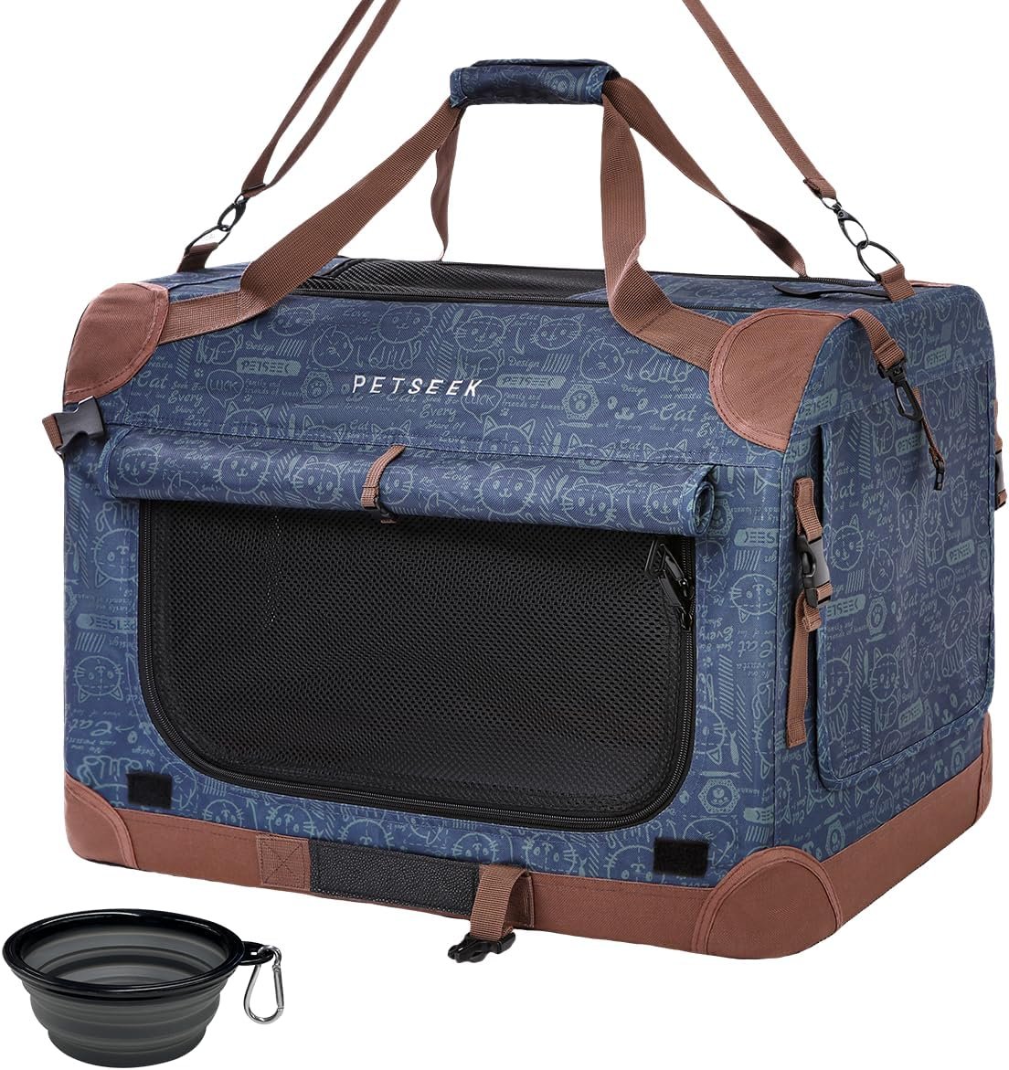 Extra Large Cat Carrier Soft Sided, Portable Small Dog Carrier for 2 Cats, 24″x16.5″x16″ Car Travel Folding Comfortable Design, Navy