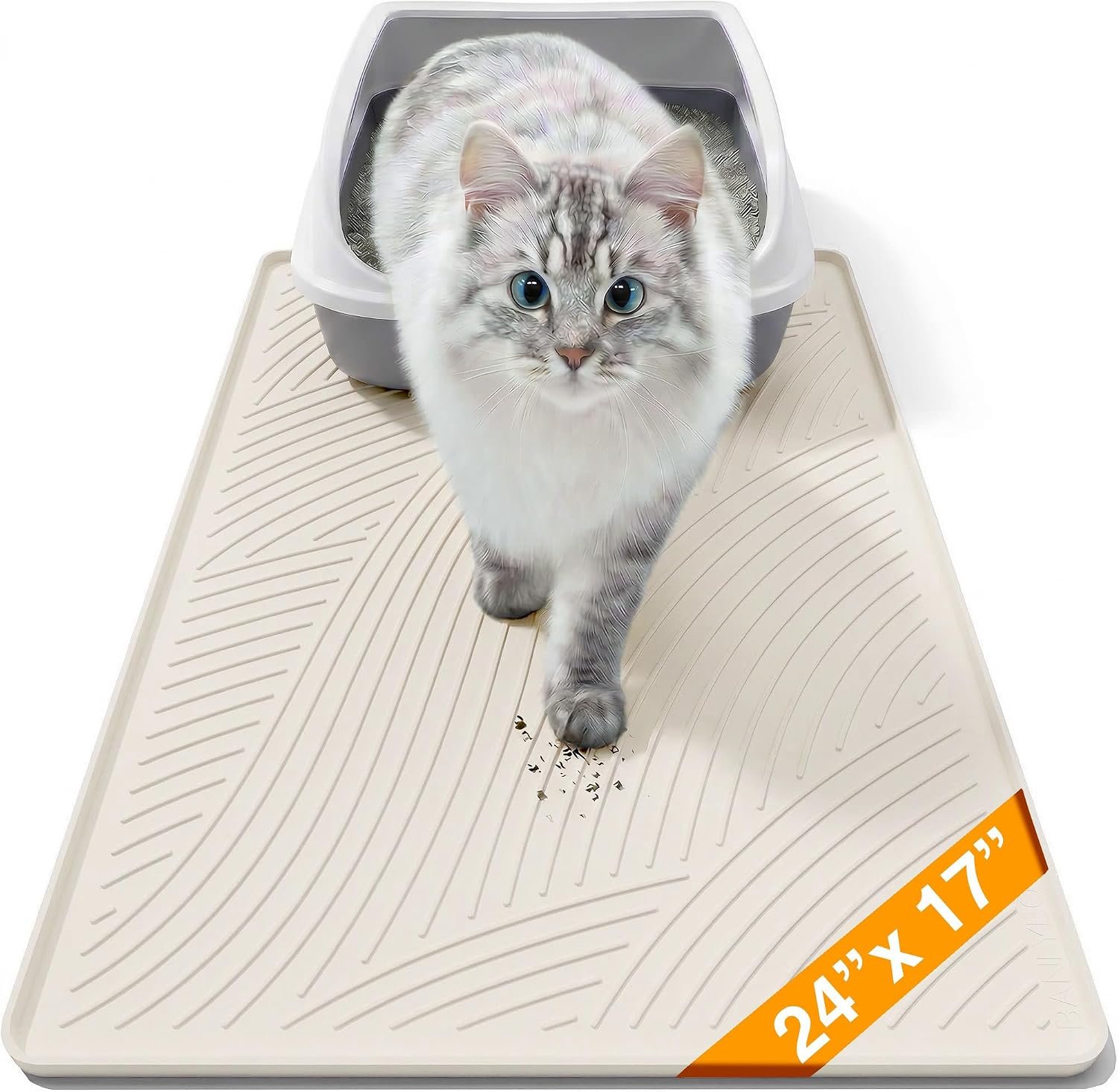 Cat Litter Box Mat – SM Small Medium Size 24 x 17 in, Water Proof, Kitty Litter Trapping Mat, Easy to Clean, Scatter Control, Odorless, Pet Supplies for Indoor Cats, Warm Beige