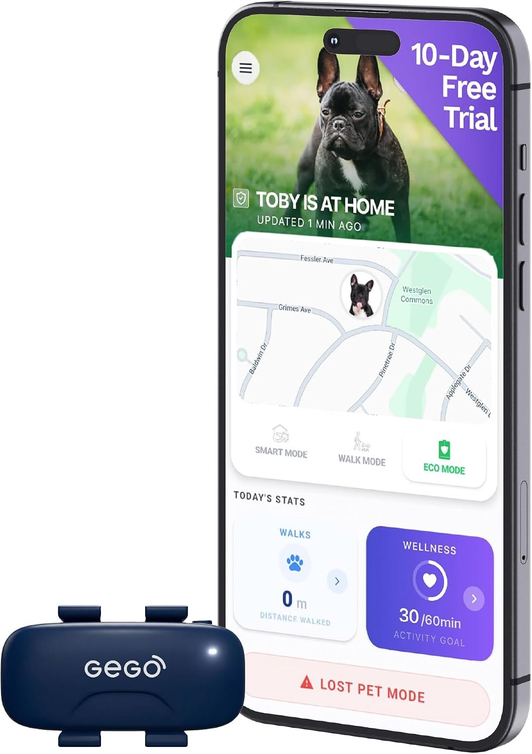 GEGOPet – Real-Time GPS Pet Tracker for Dogs & Cats, Unlimited Range, Safe Zones, Escape Alerts, Location History, Activity & Wellness Insights. Active Subscription Required