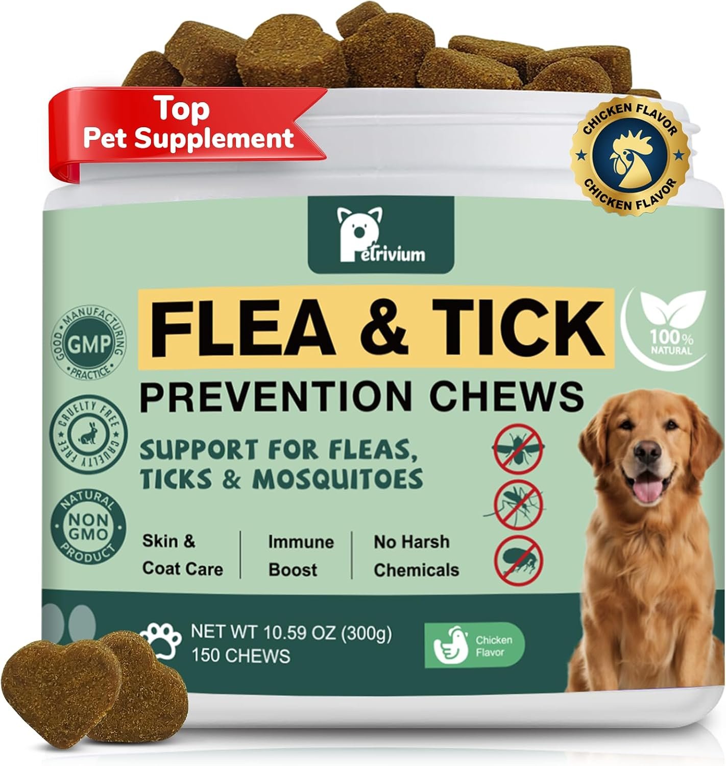 Flea and Tick Prevention for Dogs, Natural Dogs Flea and Tick Treatment Chewable, Oral Pets Flea Support Supplement – Flea Pills for Dogs – All Breeds & Sizes – 150 Ct