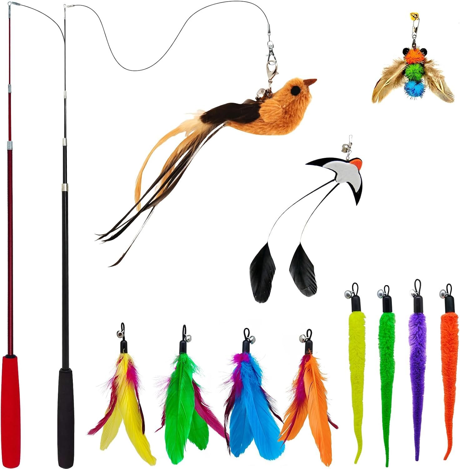 miwoowim Interactive Cat Wand Toy Set, 2 Telescopic Rods & 11 Attachments