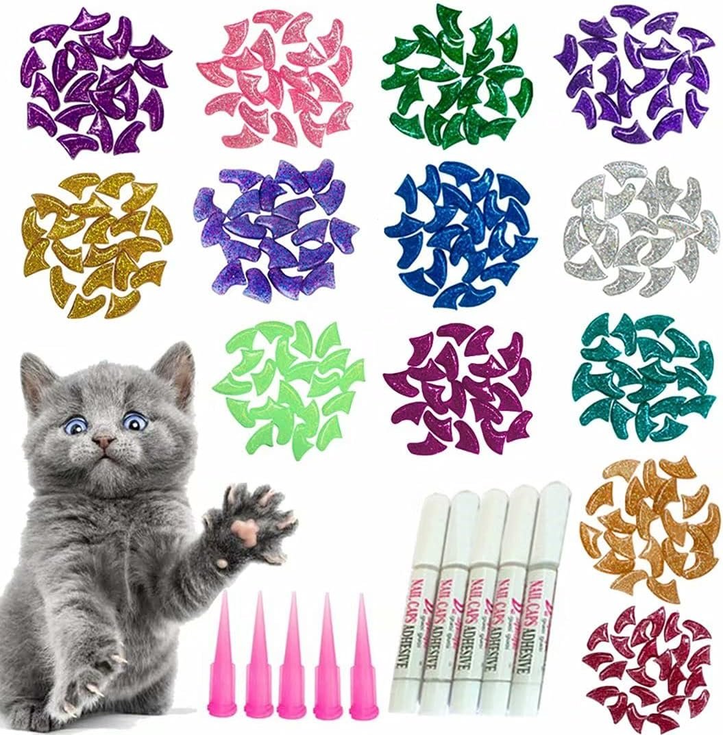 YMCCOOL 100pcs Cat Nail Caps Glitter Cat Paw Covers Kitten Nail Caps Pet Tips with Adhesives and Applicators Large