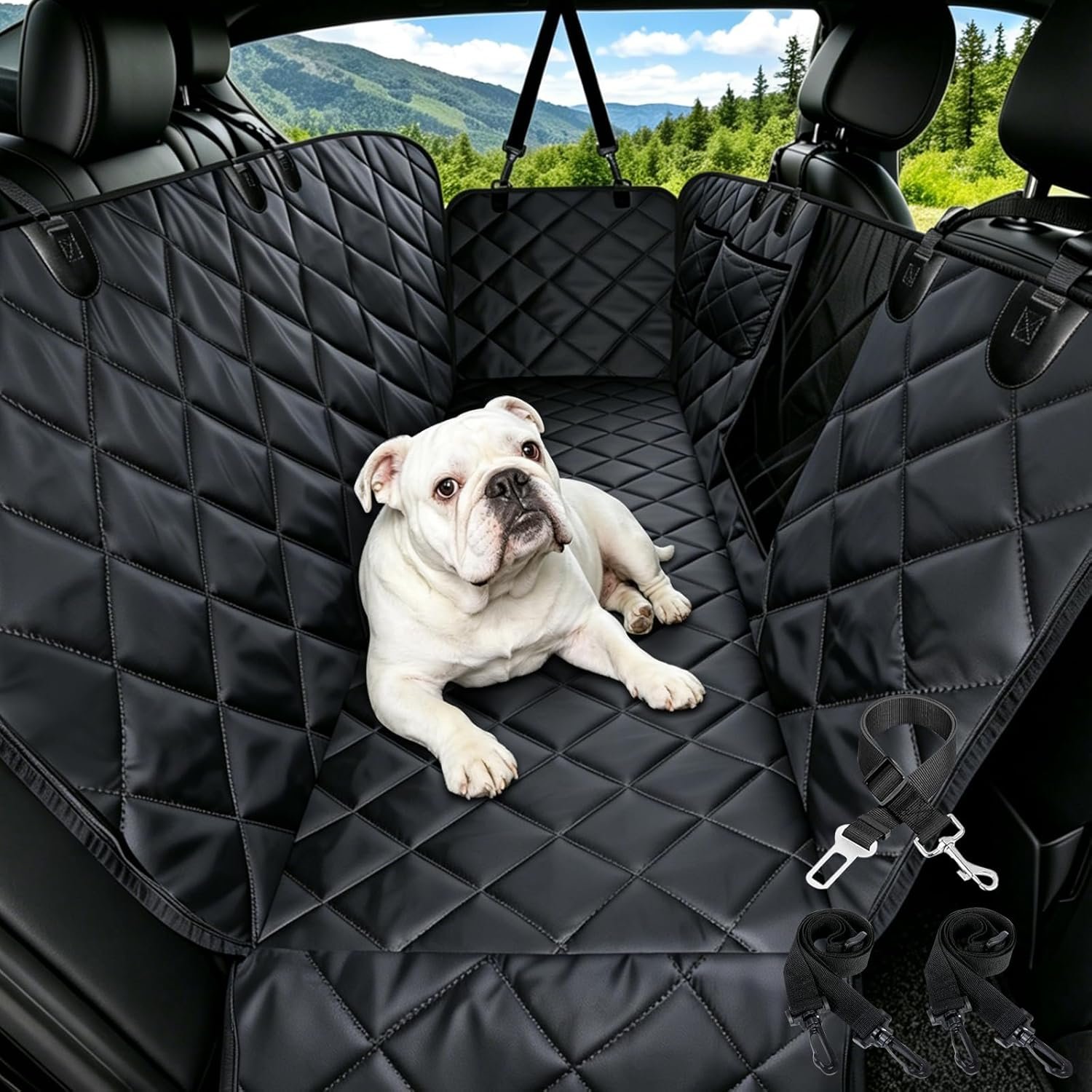 Dog Car Seat Cover for Back Seat with Safety Belt Universal Fit