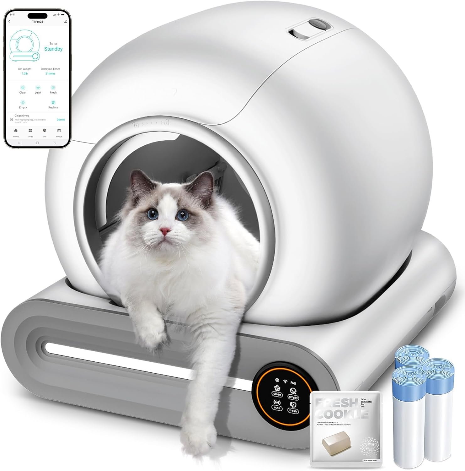 Automatic Litter Box, APP Control, 65L+9L Large Capacity,3 Rolls Litter Bag