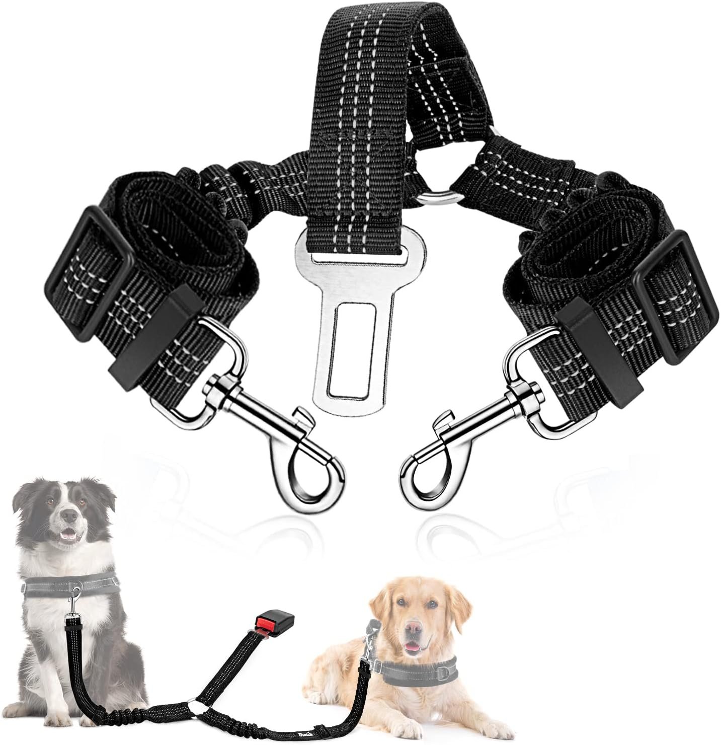 SlowTon Double Dog Seat Belt for Car with Elastic Bungee Buffer, Adjustable | Dual Dog Seatbelt Splitter for Two Dogs, Reflective, No Tangle Y Shape, for Pets Car Trip, Black Medium
