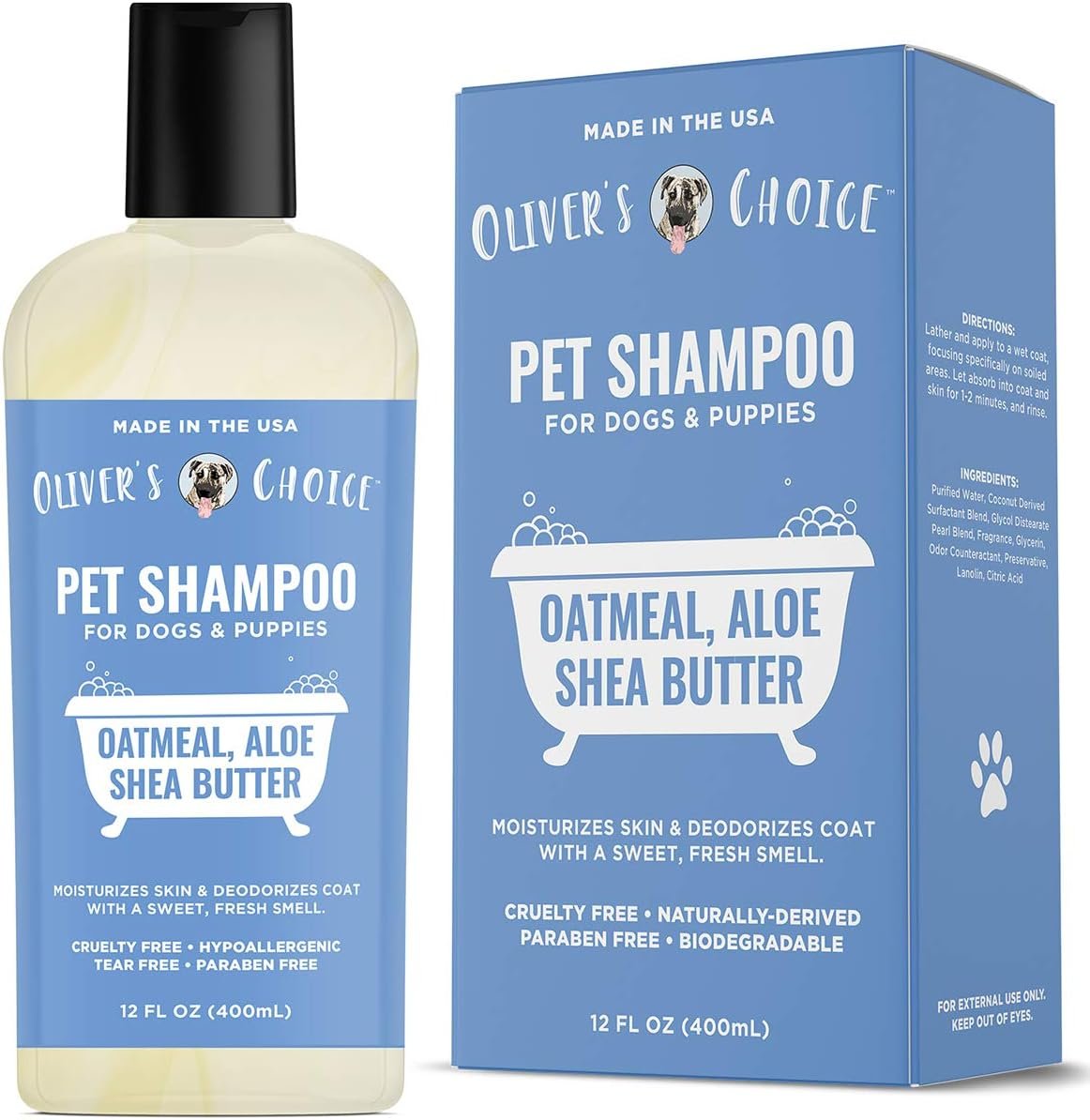 OLIVER’S CHOICE Dog Shampoo with Oatmeal, Aloe & Shea Butter – Deodorizing Puppy Shampoo for Smelly Dogs, Itchy Skin Relief, Paraben-Free, Biodegradable, Cruelty Free – 14 fl. oz