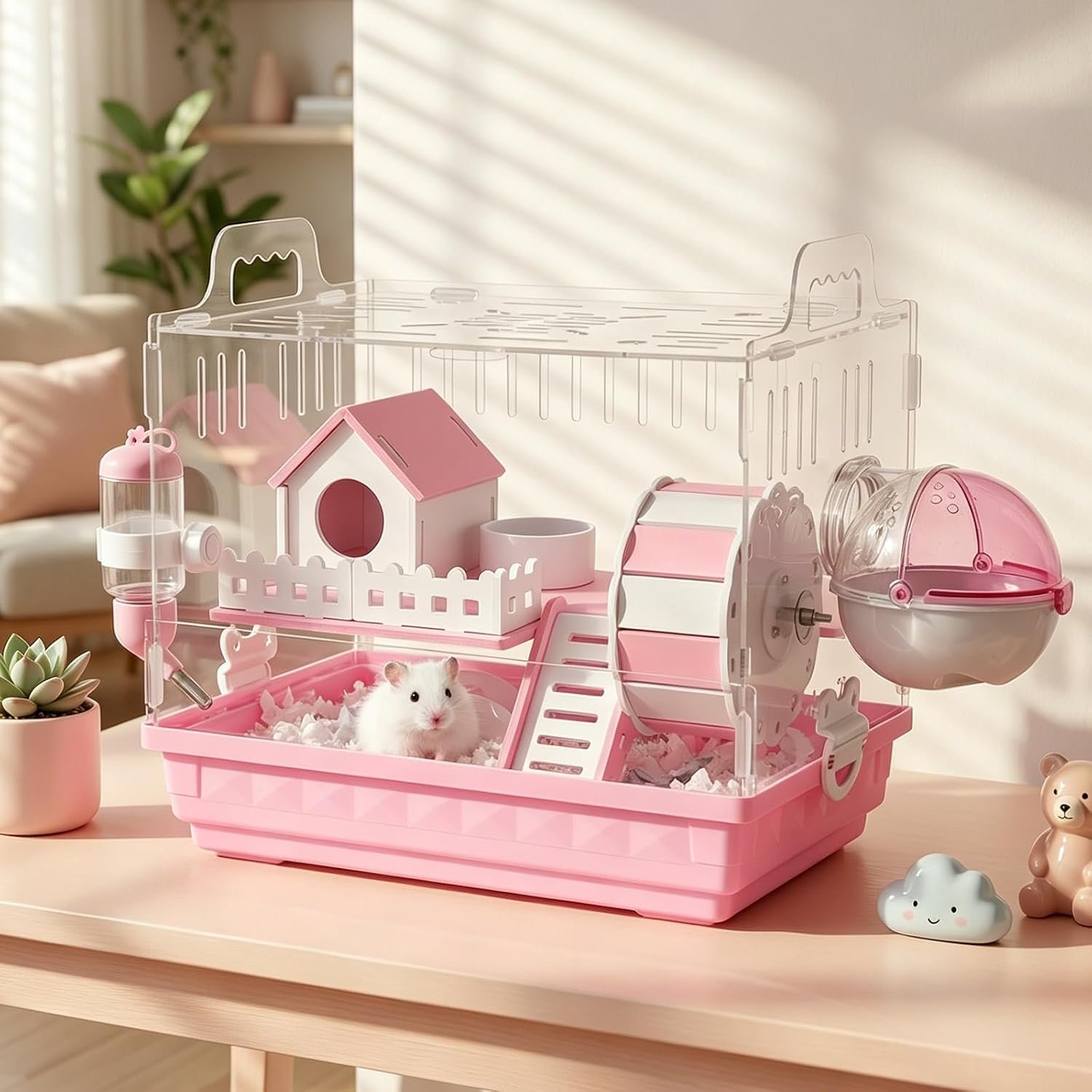 7-in-1 Acrylic Hamster Cage with All Accessories – Double Layer Hamster House with Transparent Viewing, Chew-Proof Small Pet Mice Enclosure Cage for Dwarf Syrian Gerbils, 14 * 11 * 10in