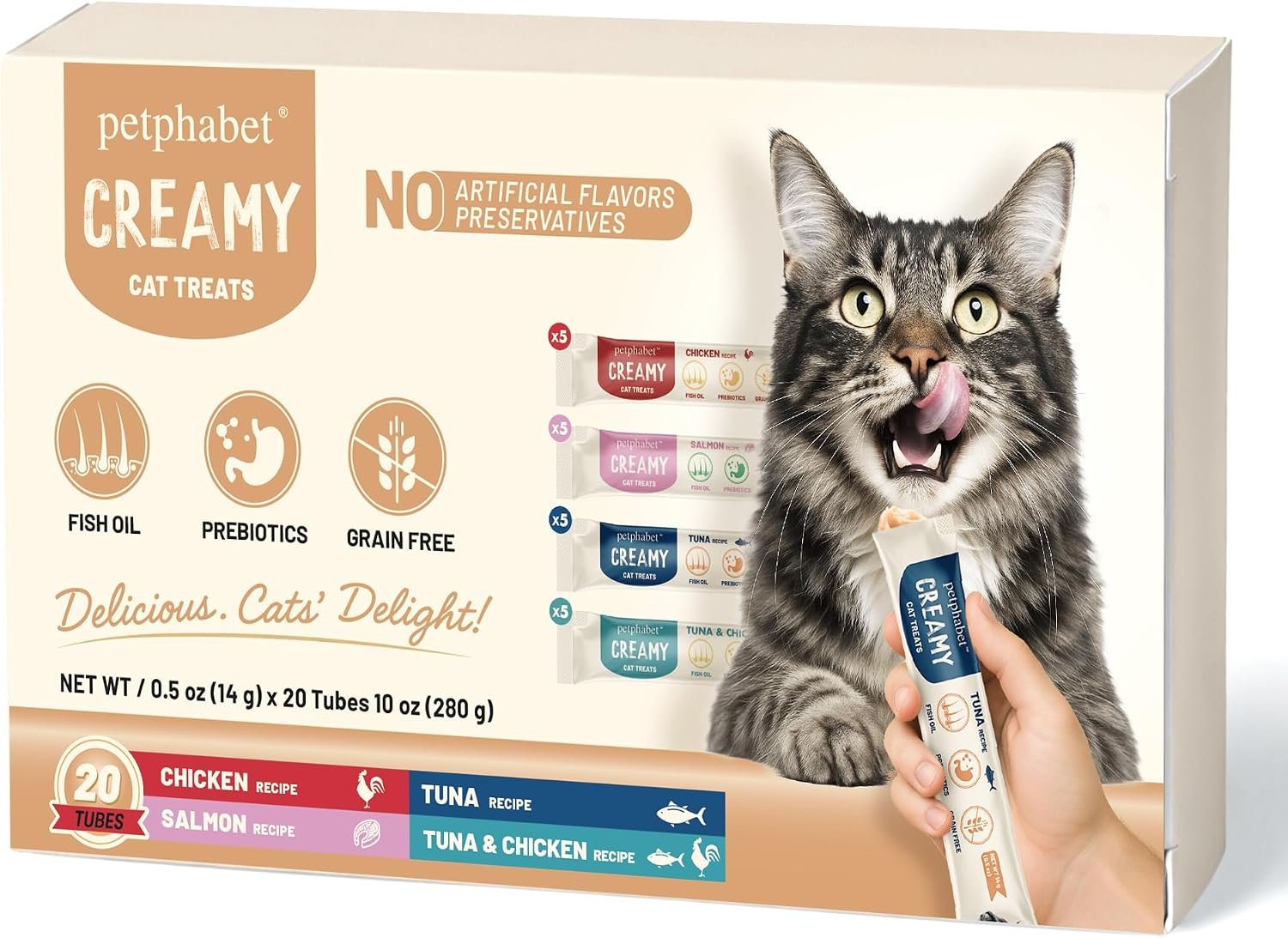 PETPHABET Lickable Cat Treats Squeeze, 4 Flavors Variety Pack 20 Tubes