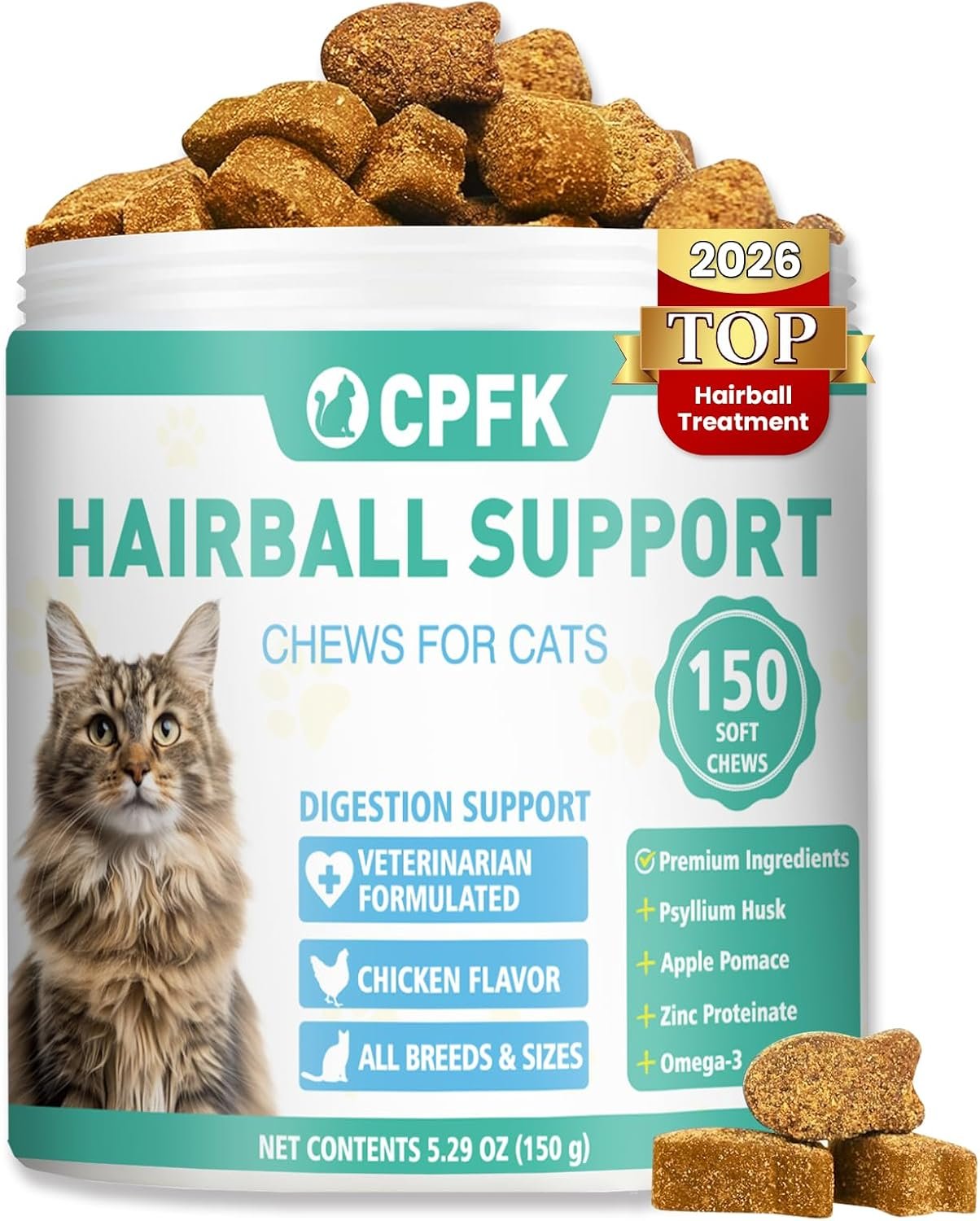 Cat Hairball Remedy Treats, 150 Soft Chews Cat Hair Ball Treatment Furball Control Relief Helps Eliminate and Prevent Hairballs for Indoor Cats Supports Skin and Coat Digestion Chicken Flavor