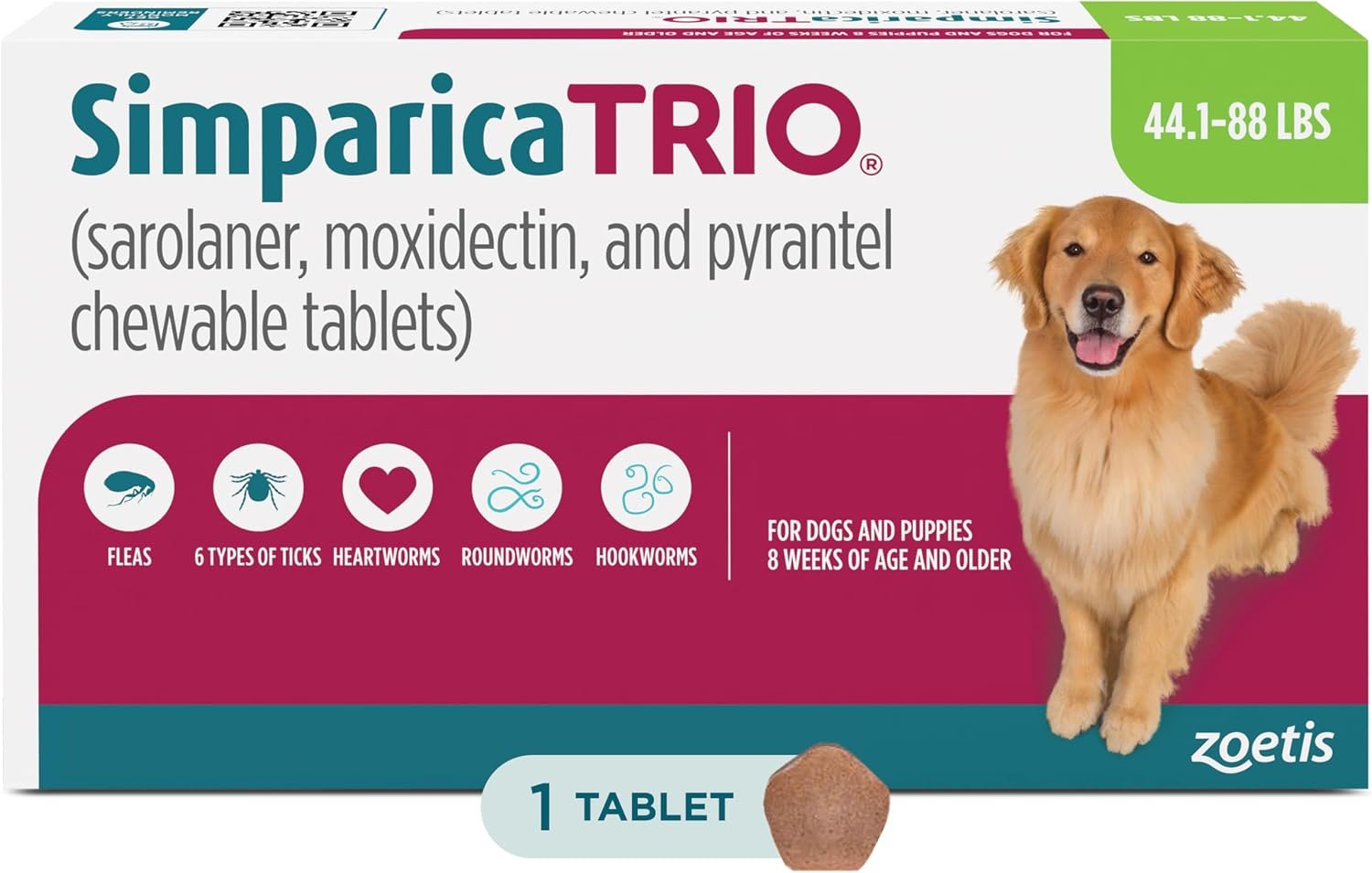 Simparica Trio Chewable for Dogs, Liver Flavor, 44.1-88 lbs, 1-Month Supply
