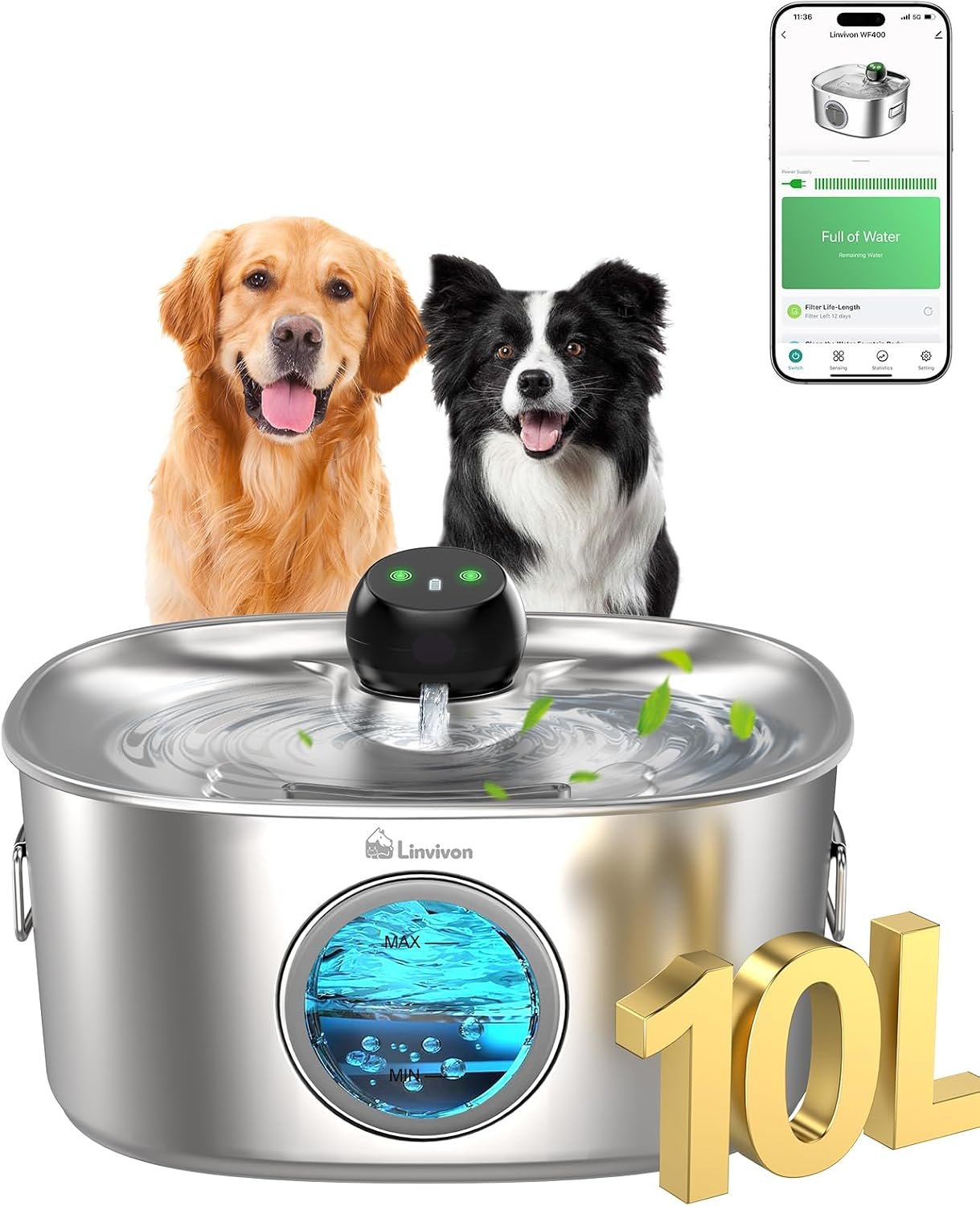Stainless Steel Dog & Cat Water Fountain for Large Dogs and Cats