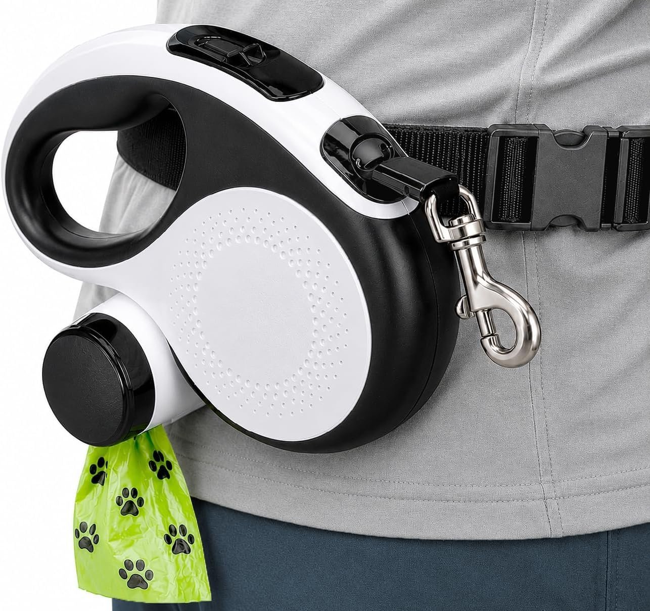 Hands-Free Retractable Dog Leash with Waist Belt, 16FT Extendable Strap | for Small & Medium Size Dogs | Comfortable Design Great for Walking and Jogging | Removable Poop Bag Dispenser
