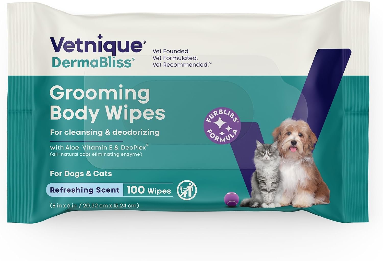 Vetnique DermaBliss Cat & Dog Grooming Wipes, Deodorizing Pet Wipes, 100ct