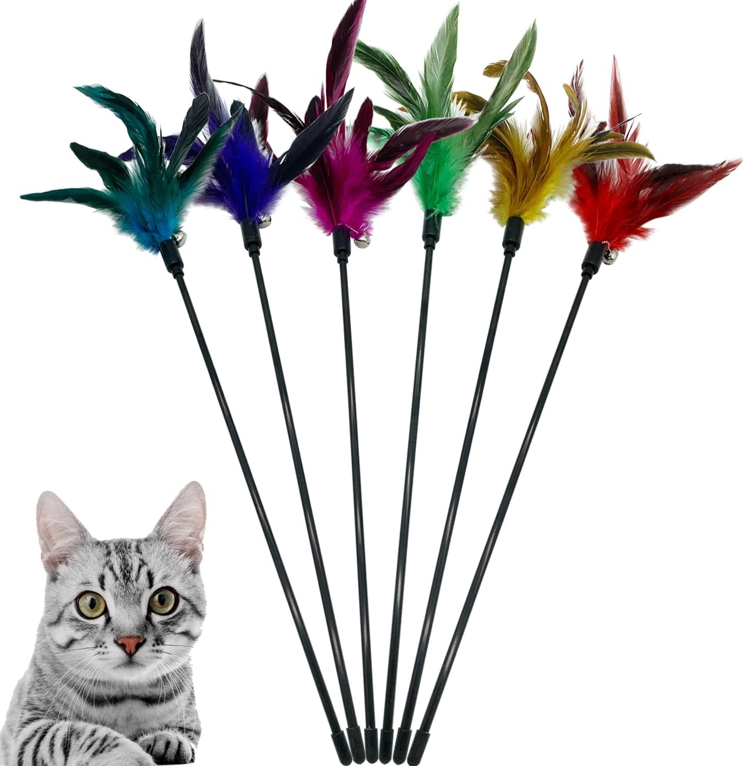CATENAS 6 PCS Feather Stick Cat Toys, Interactive Wand for Indoor Cats