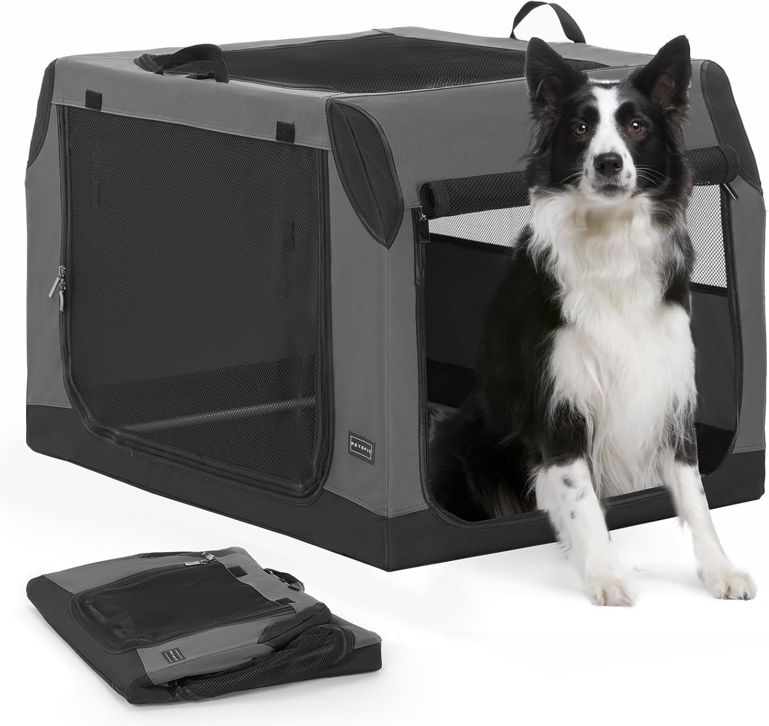 PETSFIT Dog Travel Crate, Soft Sided Dog Crate – 36 Inch Sturdy Adjustable Structure, Easy to Set Up, Collapsible Dog Crate for Car, Light Tough with 3 Mesh Doors Gray