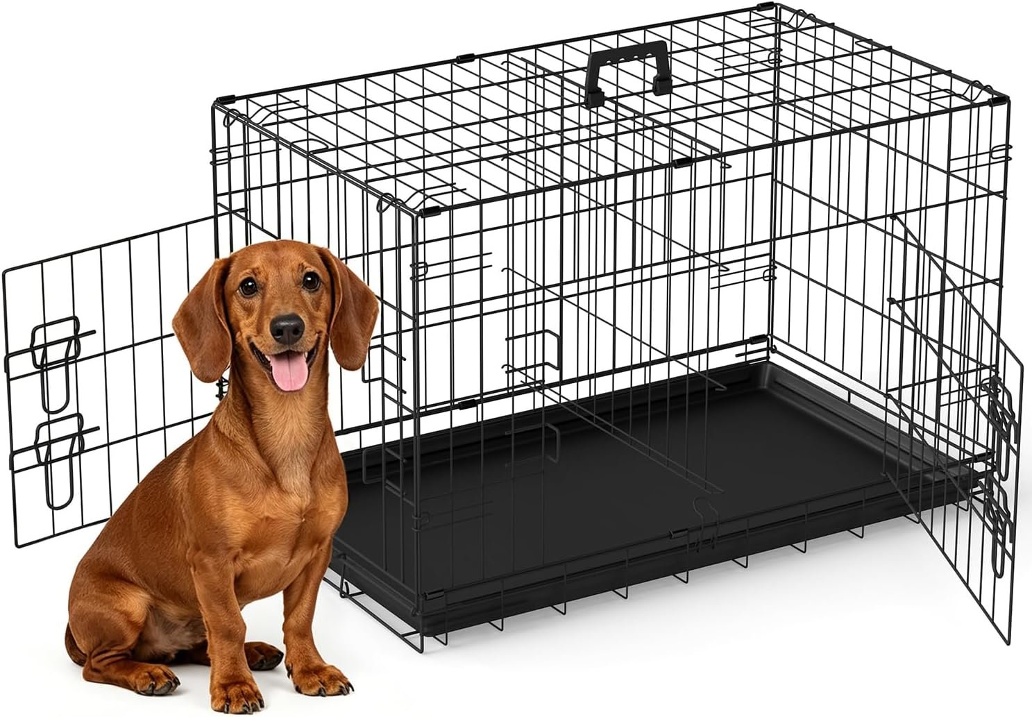FDW | 30″ Foldable Metal Dog Crate | Black | Cage for Medium Dogs
