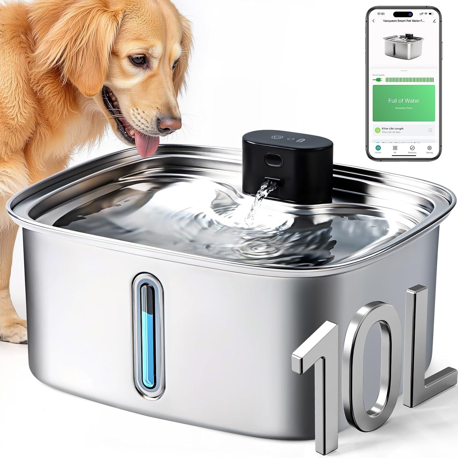 Smart Dog Water Bowl Dispenser Large, 10L/ 2.64Gal Cordless Dog Water Fountain Stainless Steel with APP Monitoring, 4000mah Automatic Cat Water Fountain for Mutil-Pets Large Dogs, 3 Fountain Modes