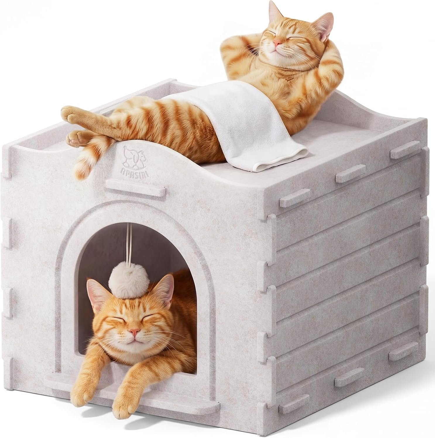Cat Bed Cave for Indoor Cats: New Felt Cat Bed with Fluffy Ball Hanging, Foldable Cat House with Scratch-Resistant Board, Hideaway Cat Cave for Timid Cats, Sturdy Two-Tier Cat Condo – Gray