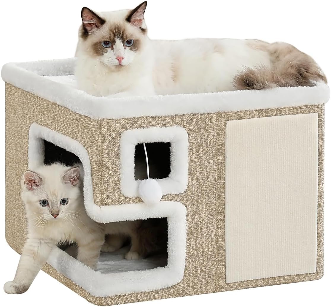 Cat Houses for Indoor Cats, Covered Cat Cave Bed with Scratch Pad and Fluffy Ball, Foldable Cat Hideaway Condo for Large Cats, Modern Kitten Bed,16.5×16.5×13 inches (Khaki‌, L)