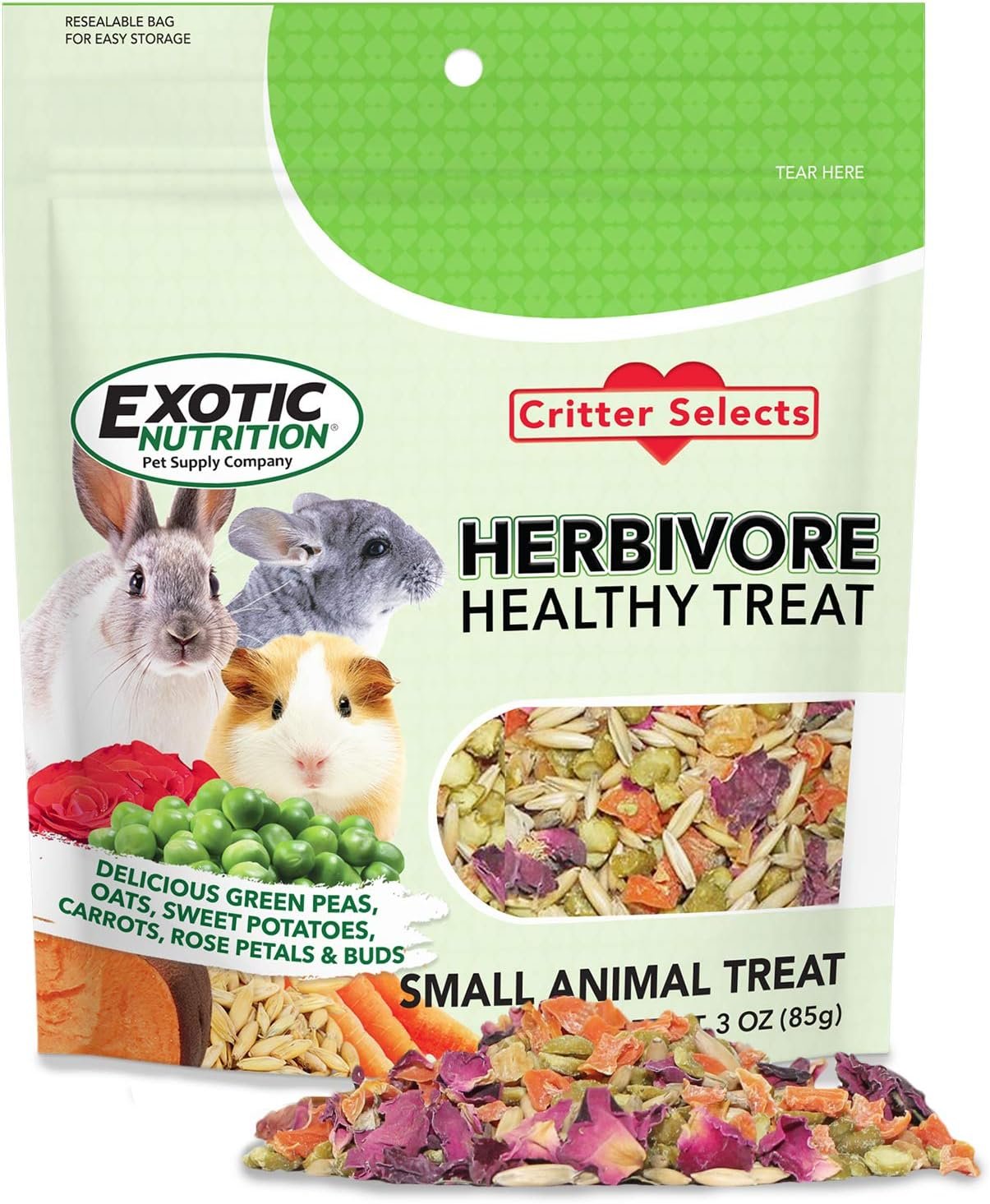 Herbivore Treat (3 oz.) – Healthy Natural Mixed Treat – Sweet Potatoes, Carrots, Green Peas, Oats, Rose Petals – For Chinchillas, Rabbits, Guinea Pigs, Prairie Dogs, Degus, and Other Small Pets