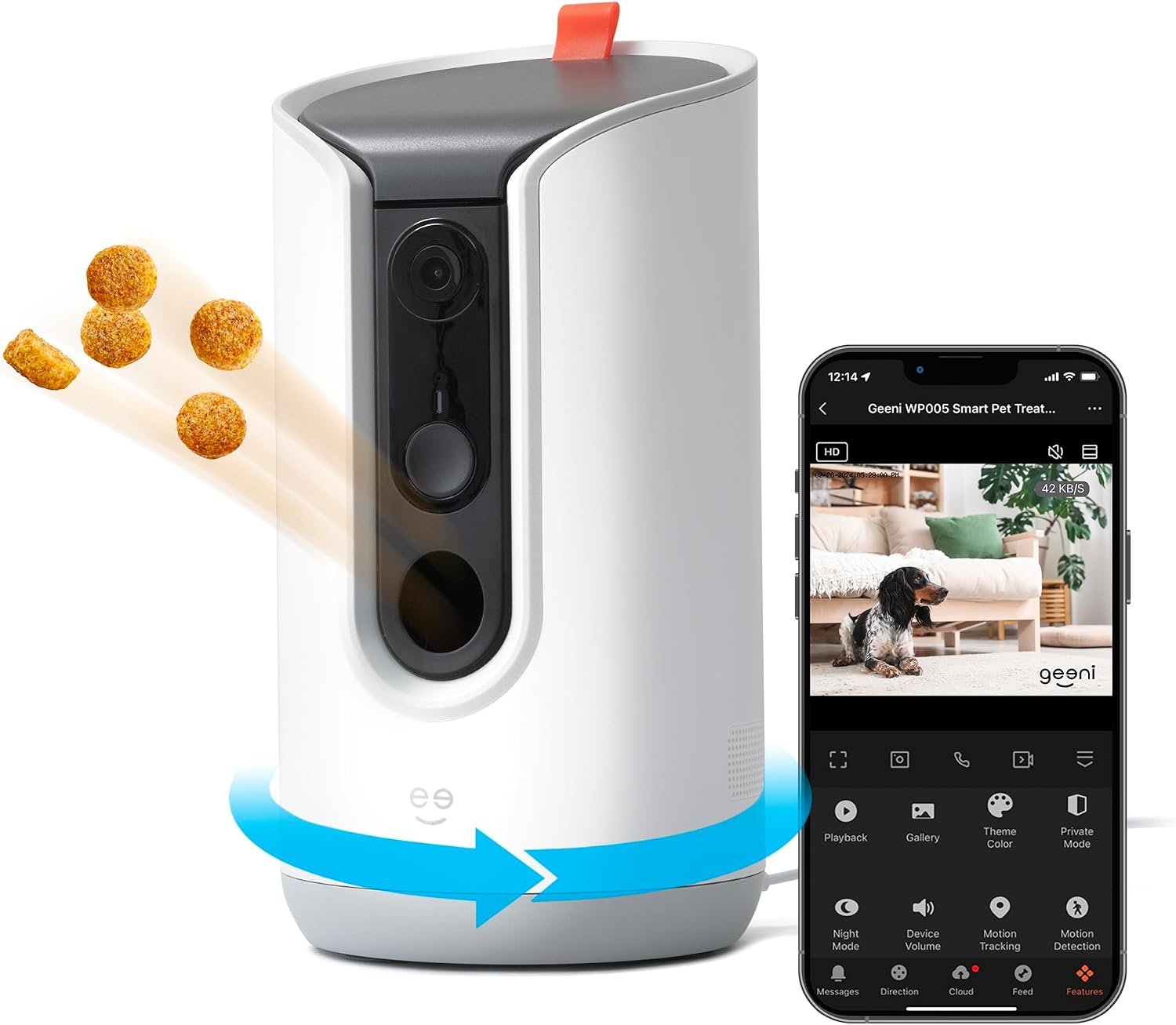 Geeni Pet Treat Dispenser Camera, 2K HD Wi-Fi Enabled, Auto-Follow, White