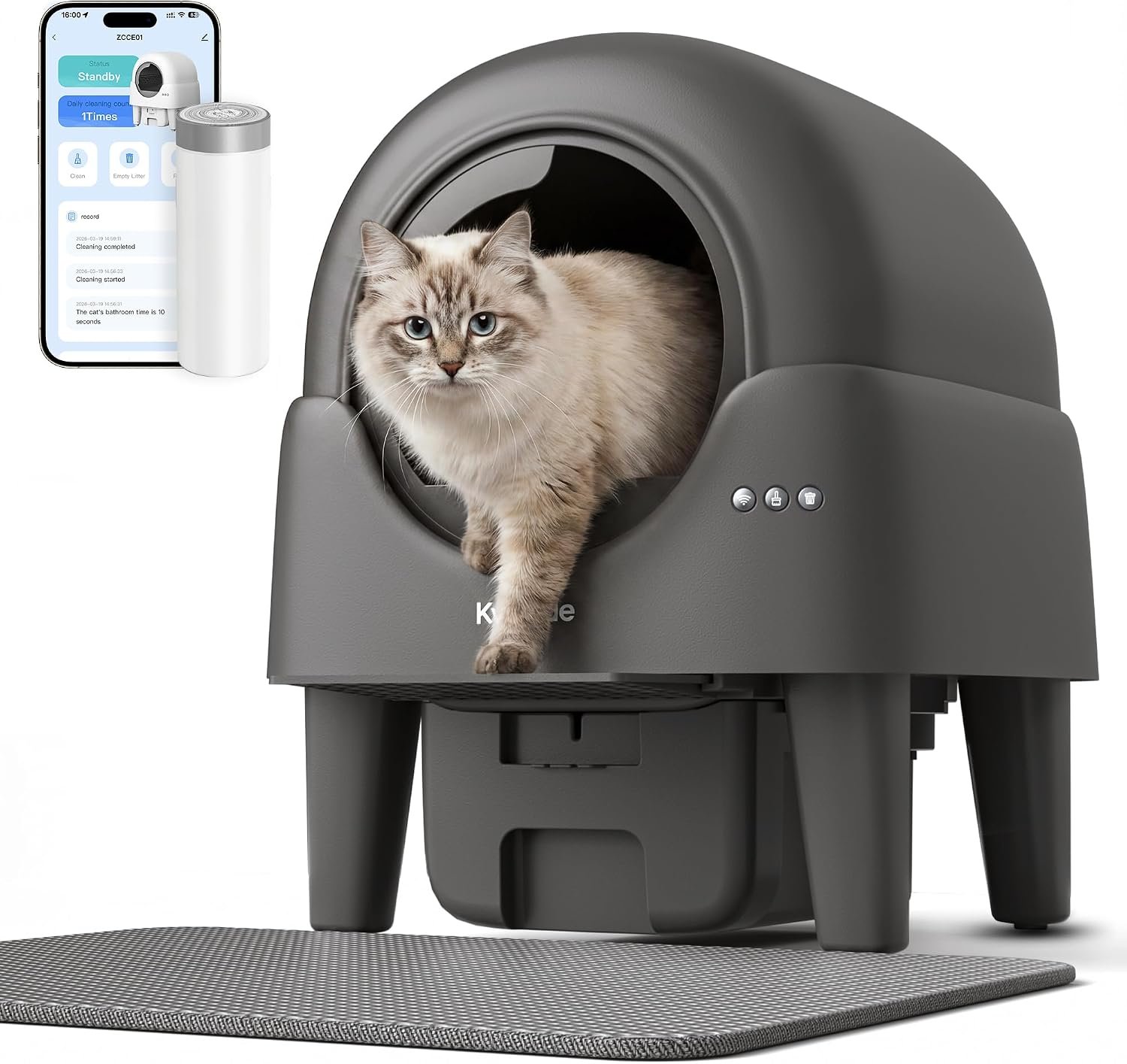 Self Cleaning Cat Litter Box, 90L Large Capacity with APP Control & Smart Safety Sensors, Cats 2.2–15 lbs, Quiet Operation, Easy Clean Detachable Globe, Charcoal Gray