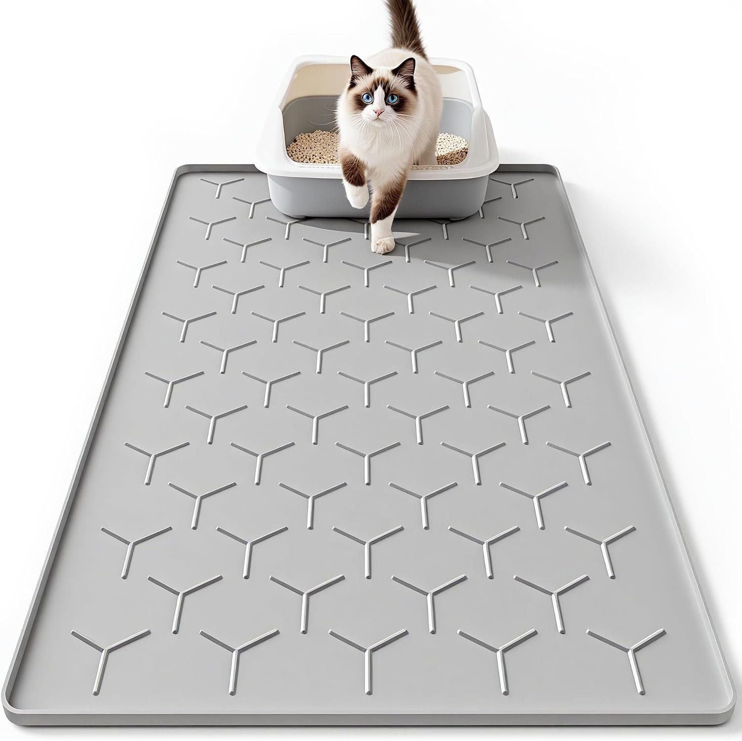 Bulkniu Silicone Cat Litter Mat, 22″x34″, Raised Edge Waterproof, Grey