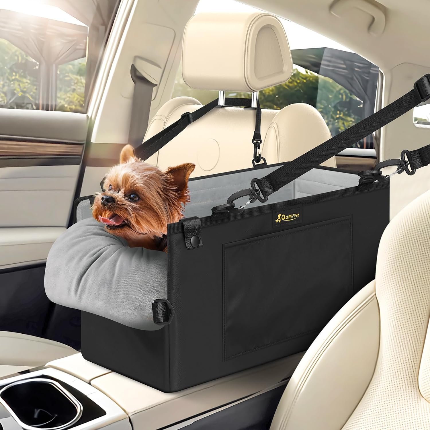 QUMY Middle Center Console Dog Car Seats for Small Dogs Up to 11lbs, Black