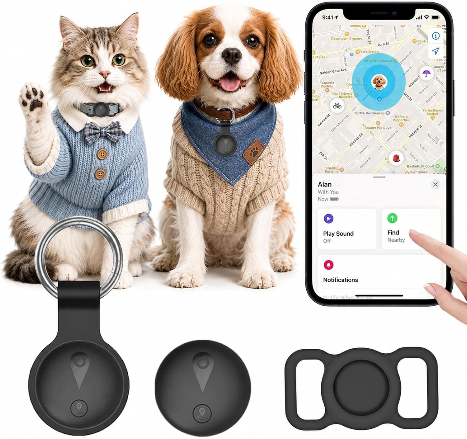 Pet GPS Tracker for Dogs,Mini Collar Location Trackers for Cats(Compatible with iOS Locate),No Monthly Fee Subscription,IP68 Waterproof Real-Time Global Location Tracking Anti-Lost Device-Black
