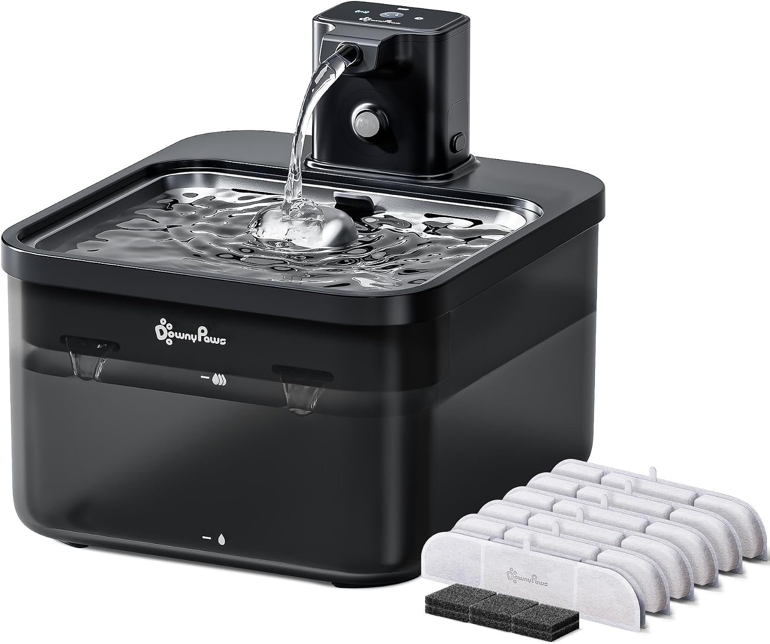 DownyPaws Cat Water Fountain Cordless, Pet Fountain, Black Pro, 6 Filters