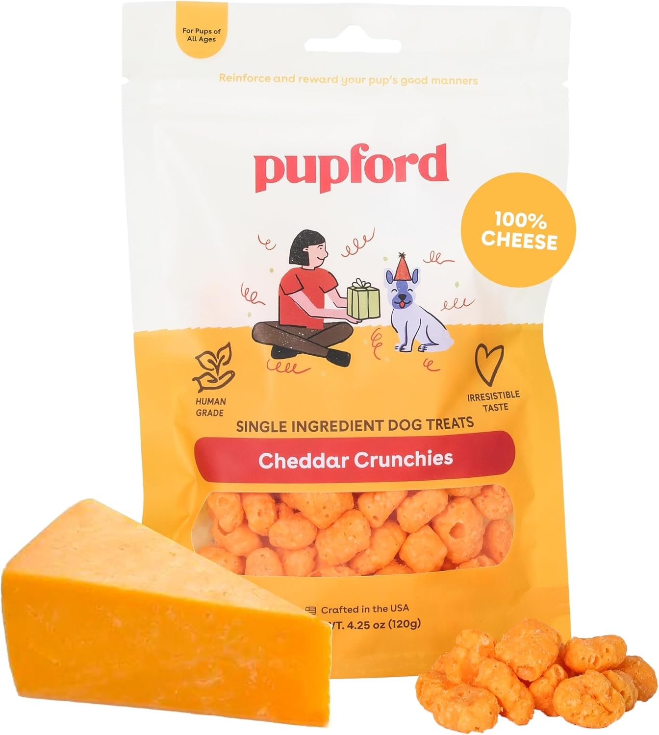 Pupford Cheese Crunchies, 1 Ingredient Dog & Puppy Treat (Cheddar, 7 oz)