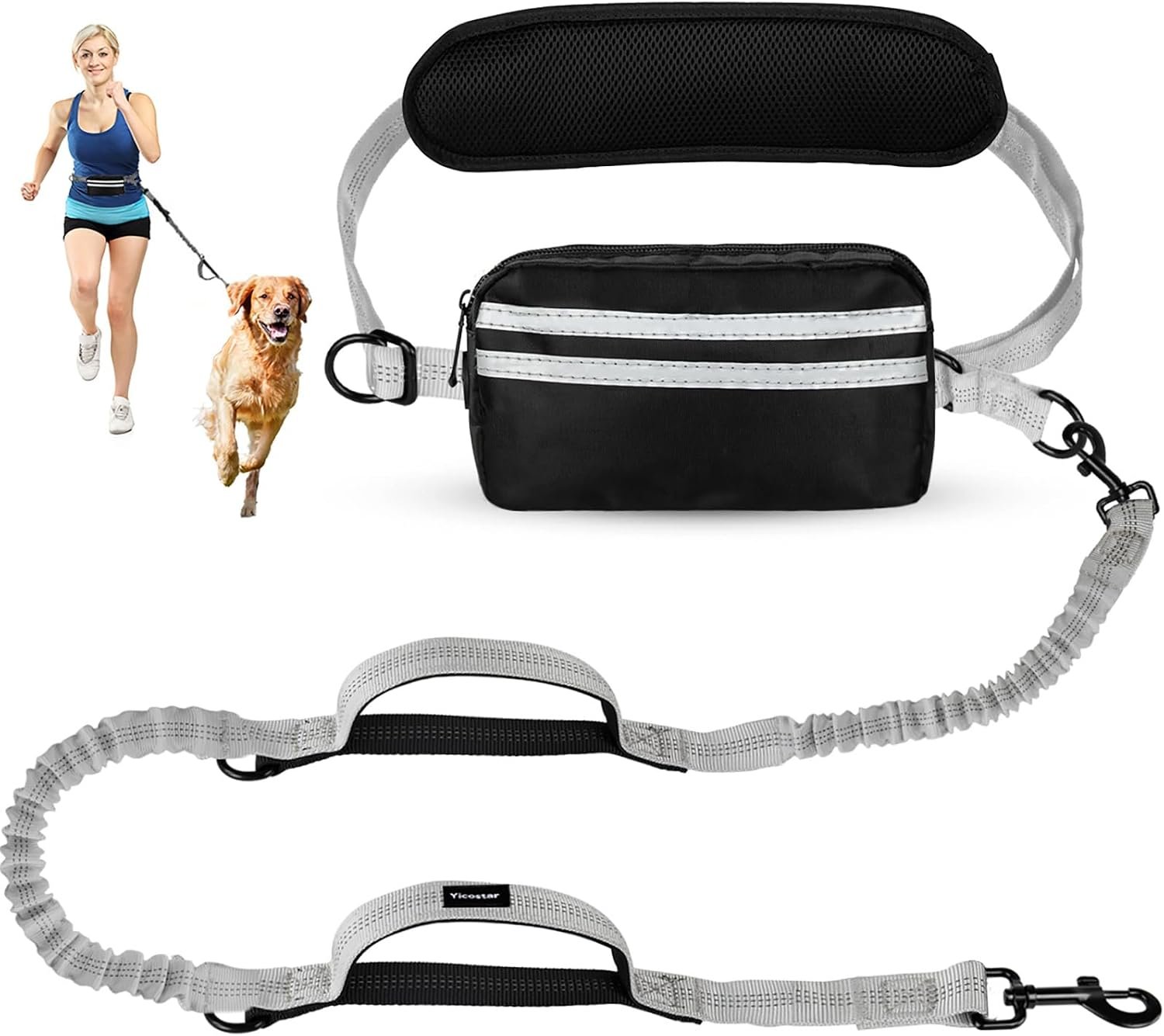 Hands Free Dog Leash with Pouch, Retractable Bungee with Double Padded Handles, Dog Leashes with Bungee for Medium & Large Puppy