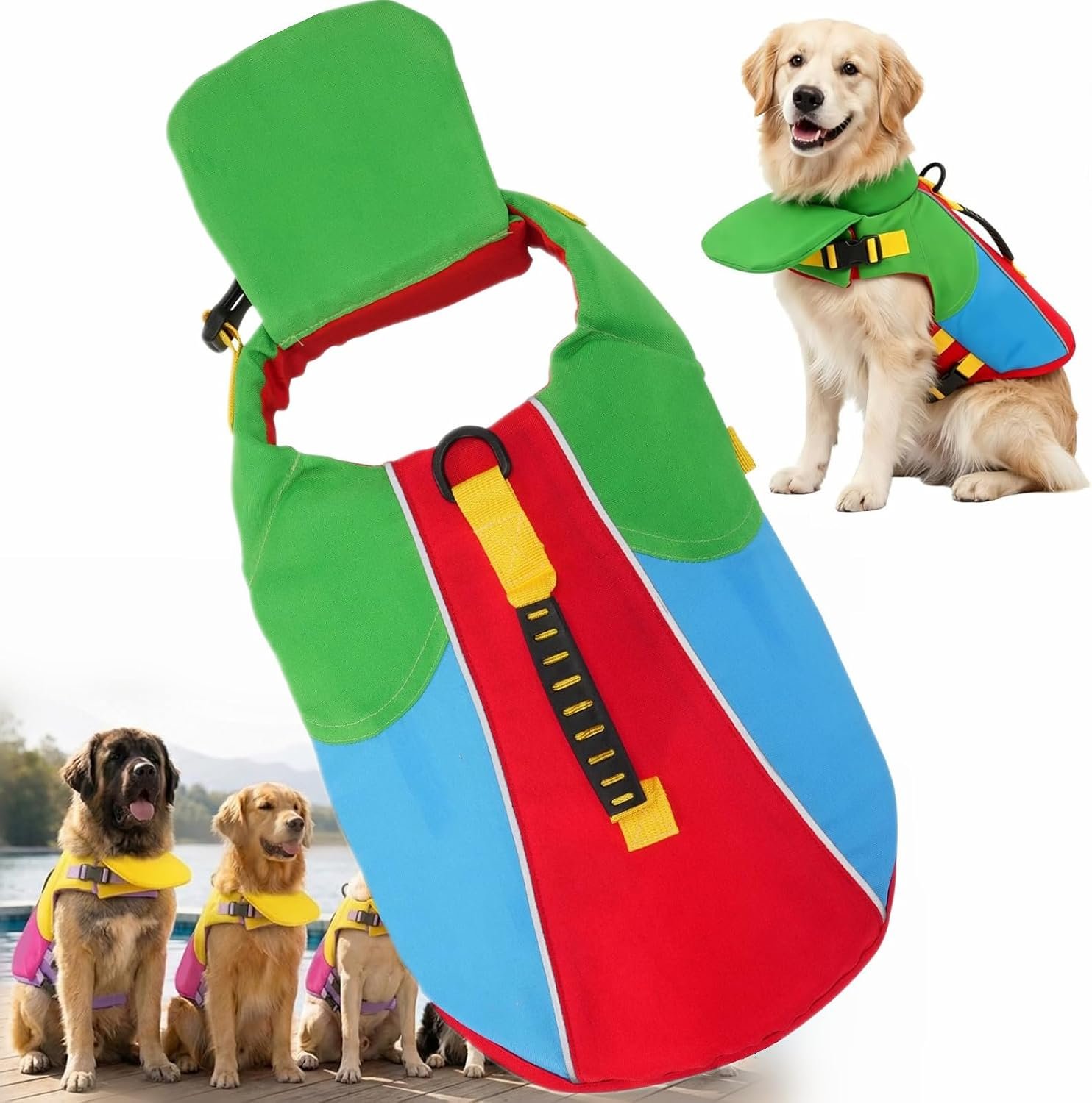 Front Float Dog Life Jacket with Chin Support, Dog Life Jacket with Chin Float, Adjustable Dog Life Vest, Rescue Handle, Leash D-Ring and Quick-Release Buckles for Swimming, Boating and Pool，A.：L