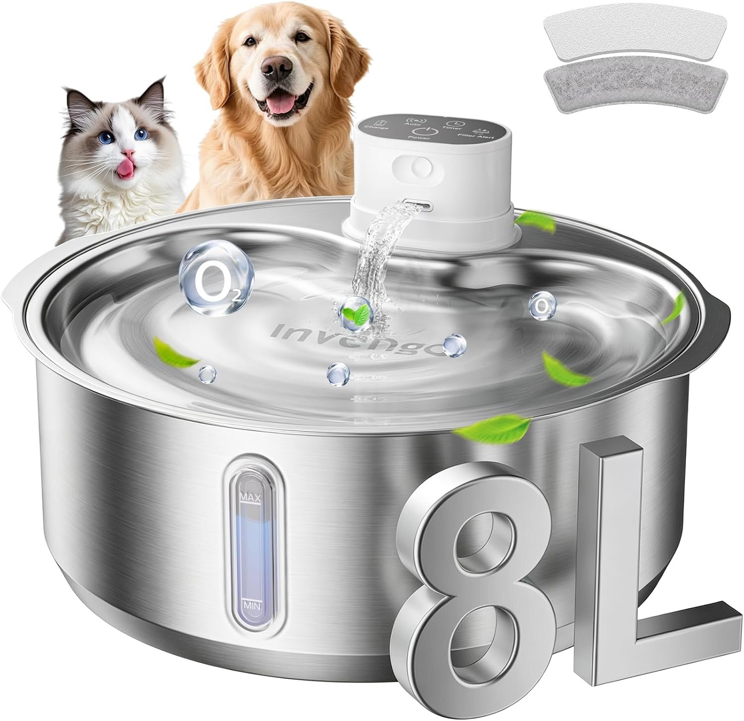 Invengo 8L/270oz Cordless Stainless Steel Dog Water Fountain, 1 Filters