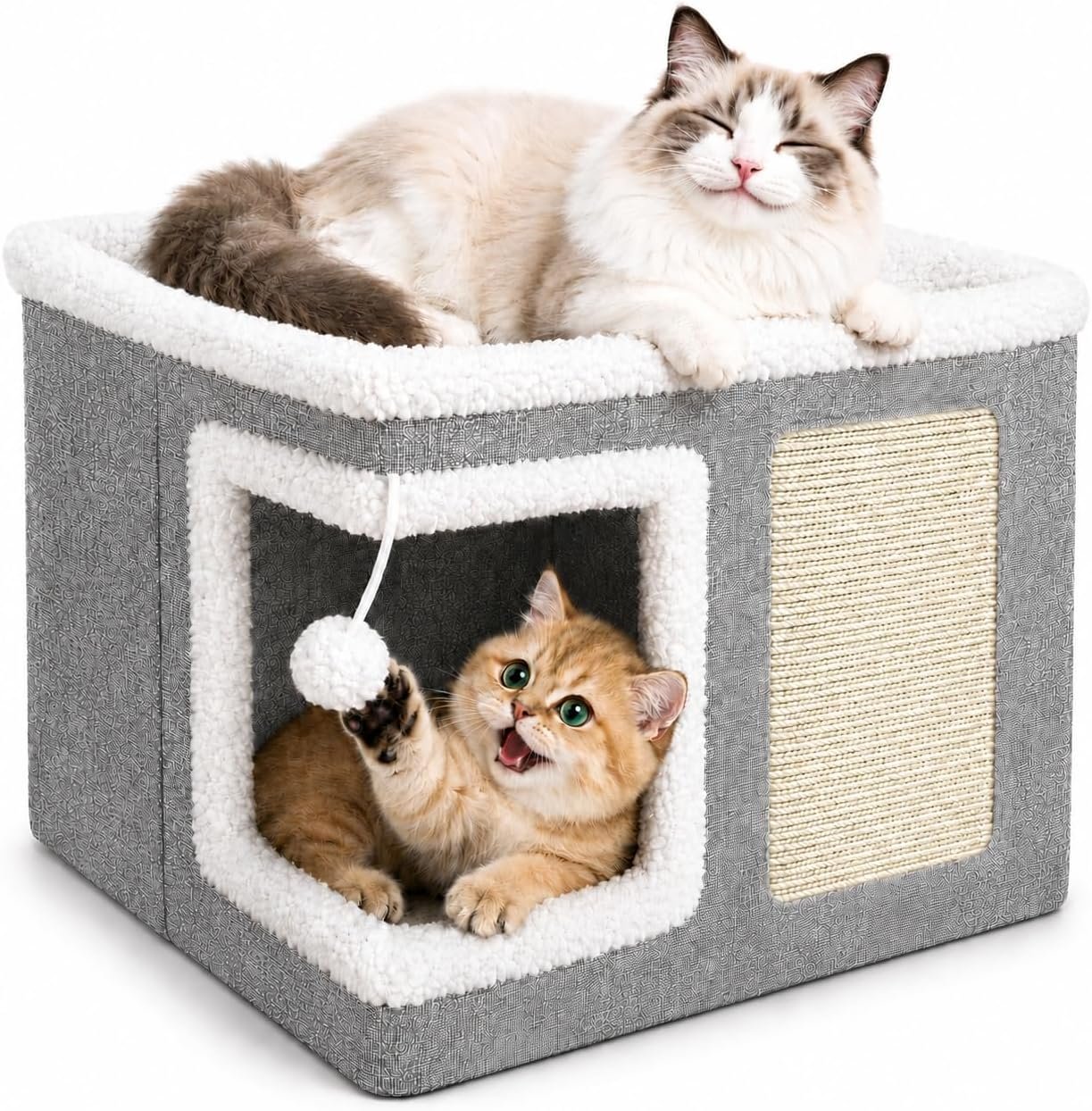 Cat Beds for Indoor Cats – Cat House Cave with Fluffy Ball and Scratch Pad, Foldable Cat Condo Hideaway with Reversible Cushion for Multi Small Large Pet, Light Grey