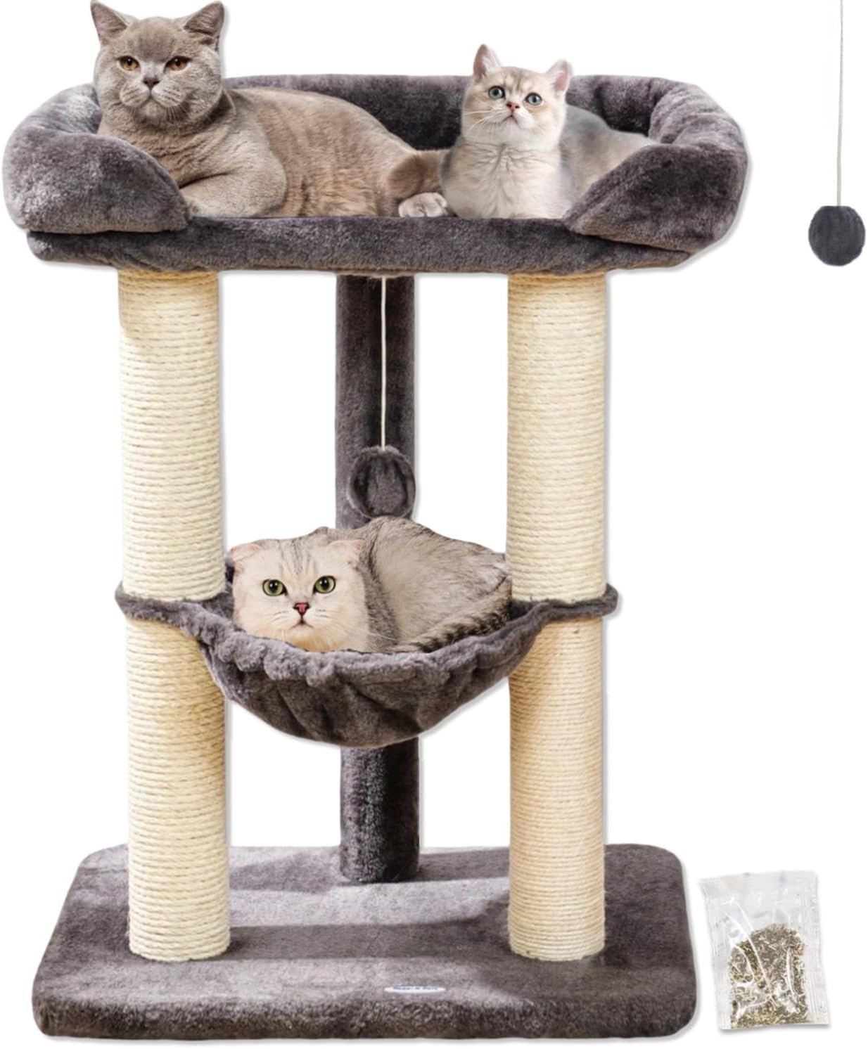 Happi N Pets 28″ Cat Tree, Large Bed for Big Cats, Small Cat Tower with Soft Perch for Window Viewing, Stable Cat Tree Tower, Cat Scratching Post with Hammock, Removable Cover-Gray