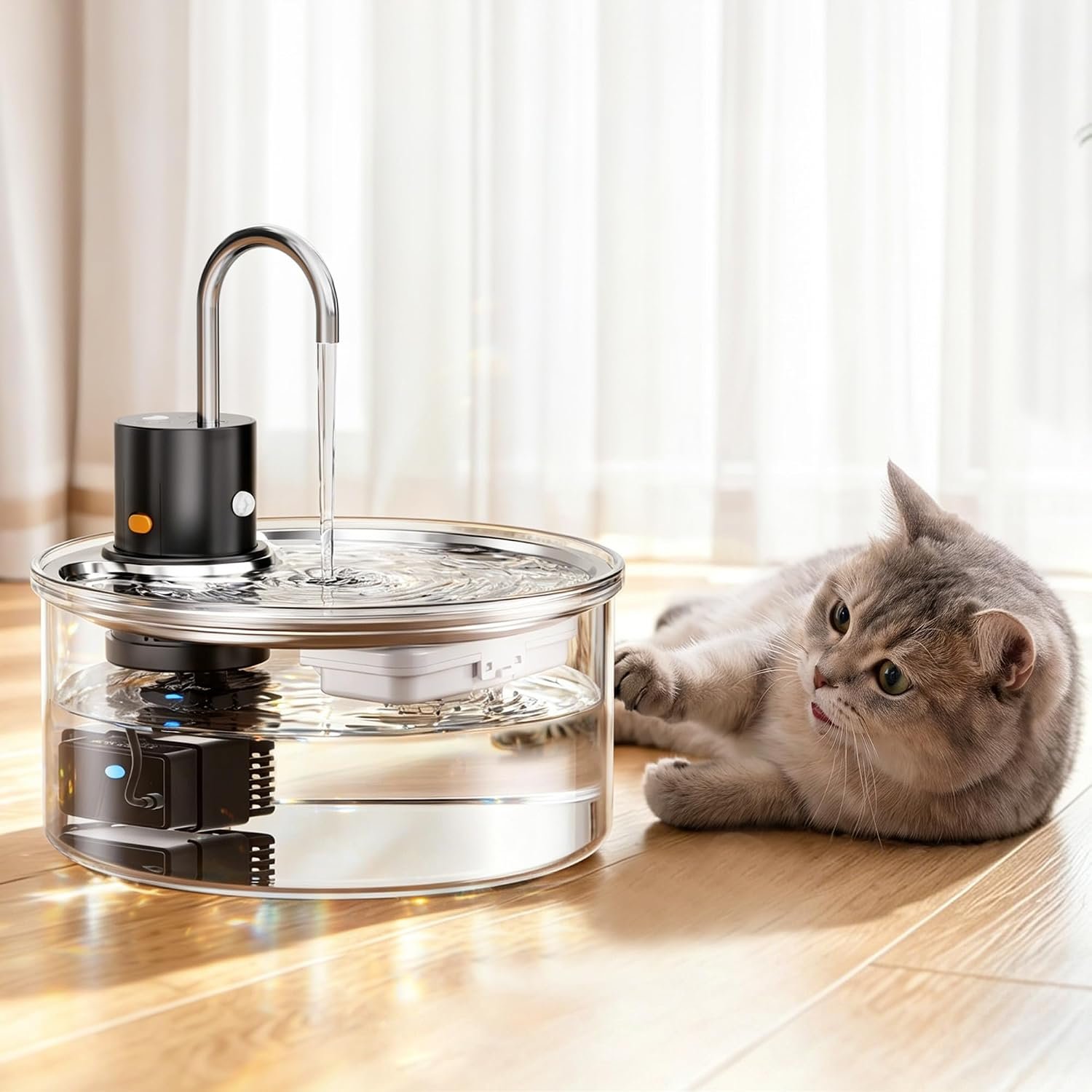 Wireless Cat Water Fountain Glass DIY – 108oz/3.2L Automatic Ultra-Quiet Cat Water Fountain Cordless, Glass Battery Operated Pet Fountain Rechargeable Water Dispenser for Cats, Puppy, Multiple Pets