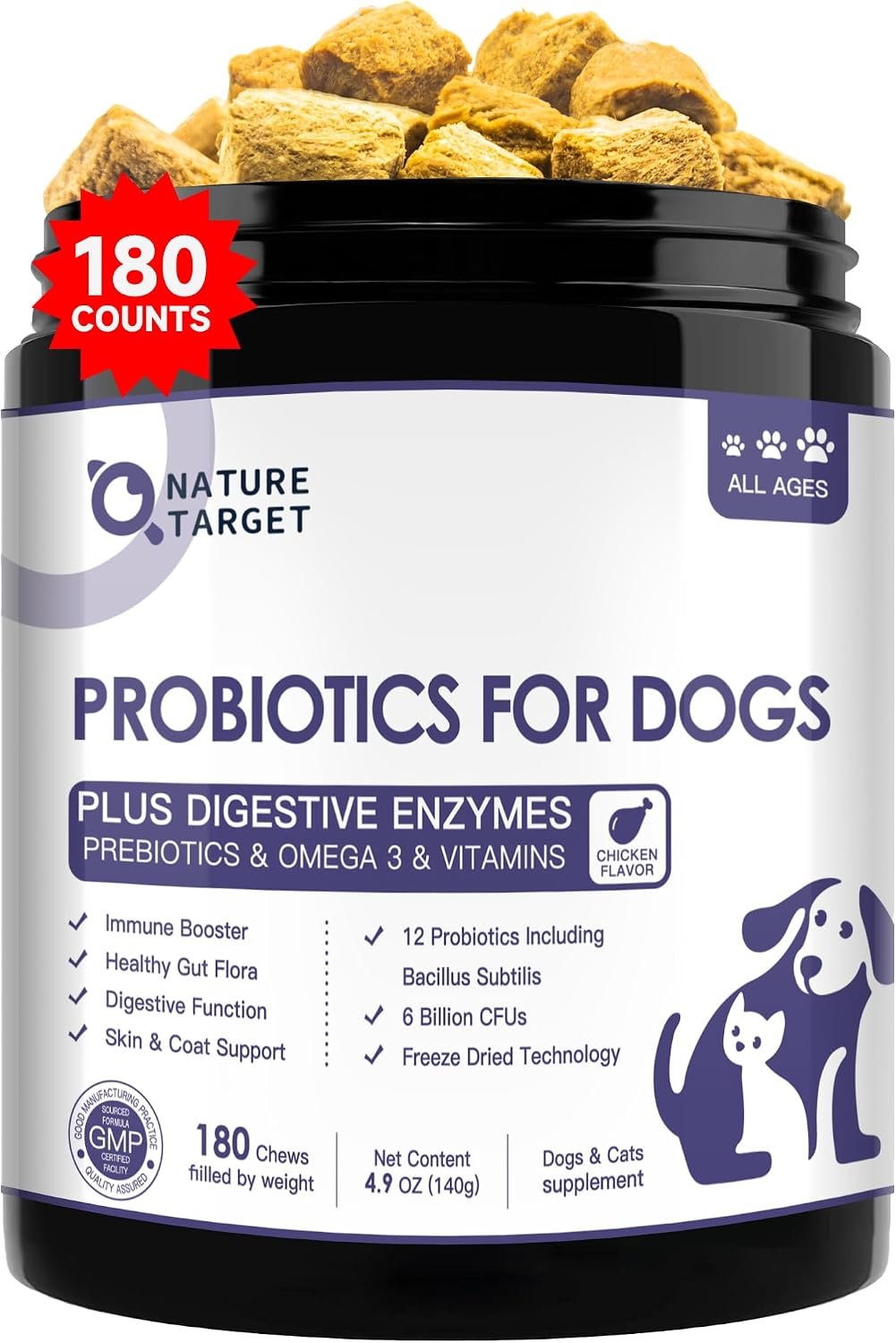 NATURE TARGET Probiotics for Dogs, 6 Billion CFUs, Freeze Dried, 180 Chews