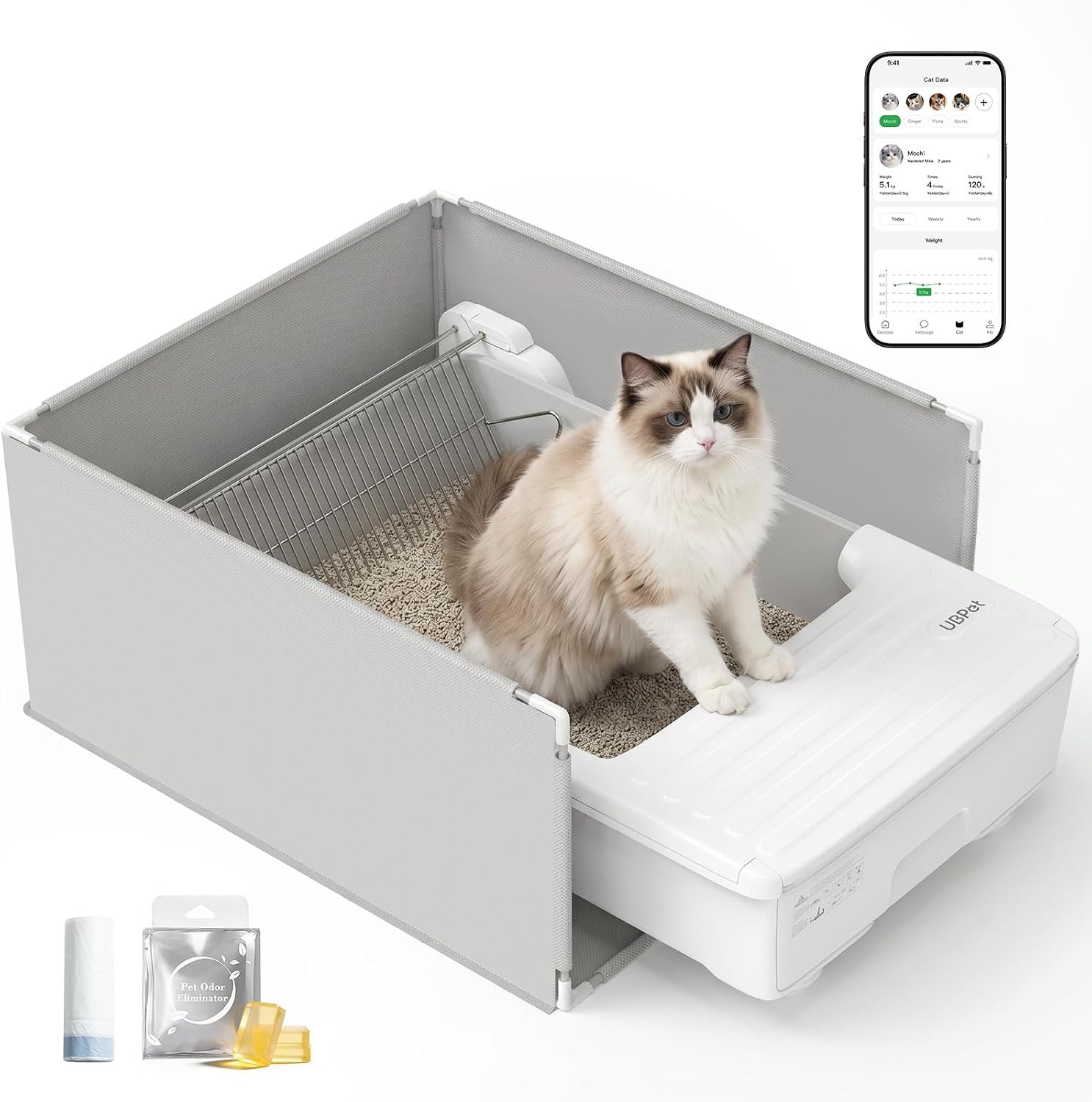 UBPET Open-Top Automatic Cat Litter Box, Self Cleaning Litter Box for Multiple Cats, Weight Sensors Safety Protection, Smart APP Control, Odor-Free, Works with Bentonite Mineral Litter, Off-White