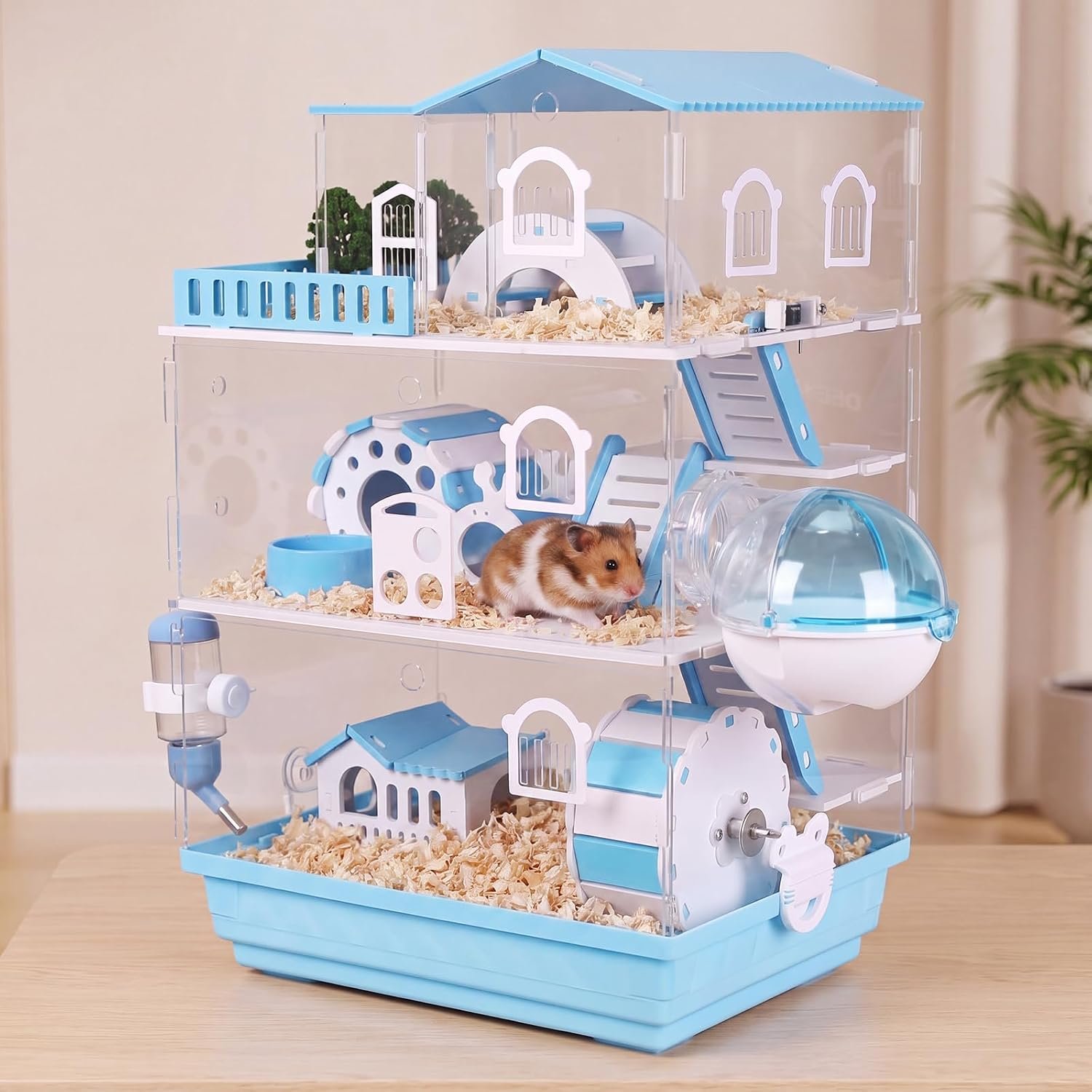 Eccliy 15 in 1 Clear 3-Layer Acrylic Hamster Cage with All Accessories, 20 x 13.7 x 10 Inch Dwarf Hamster House, Magnetic Connection Small Pet Enclosure, Garden Style Mouse Cage for Pet Mice (Blue)